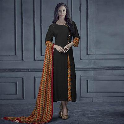 Impressive Black Colored Designer Printed Rayon Kurti With Dupatta - Peachmode