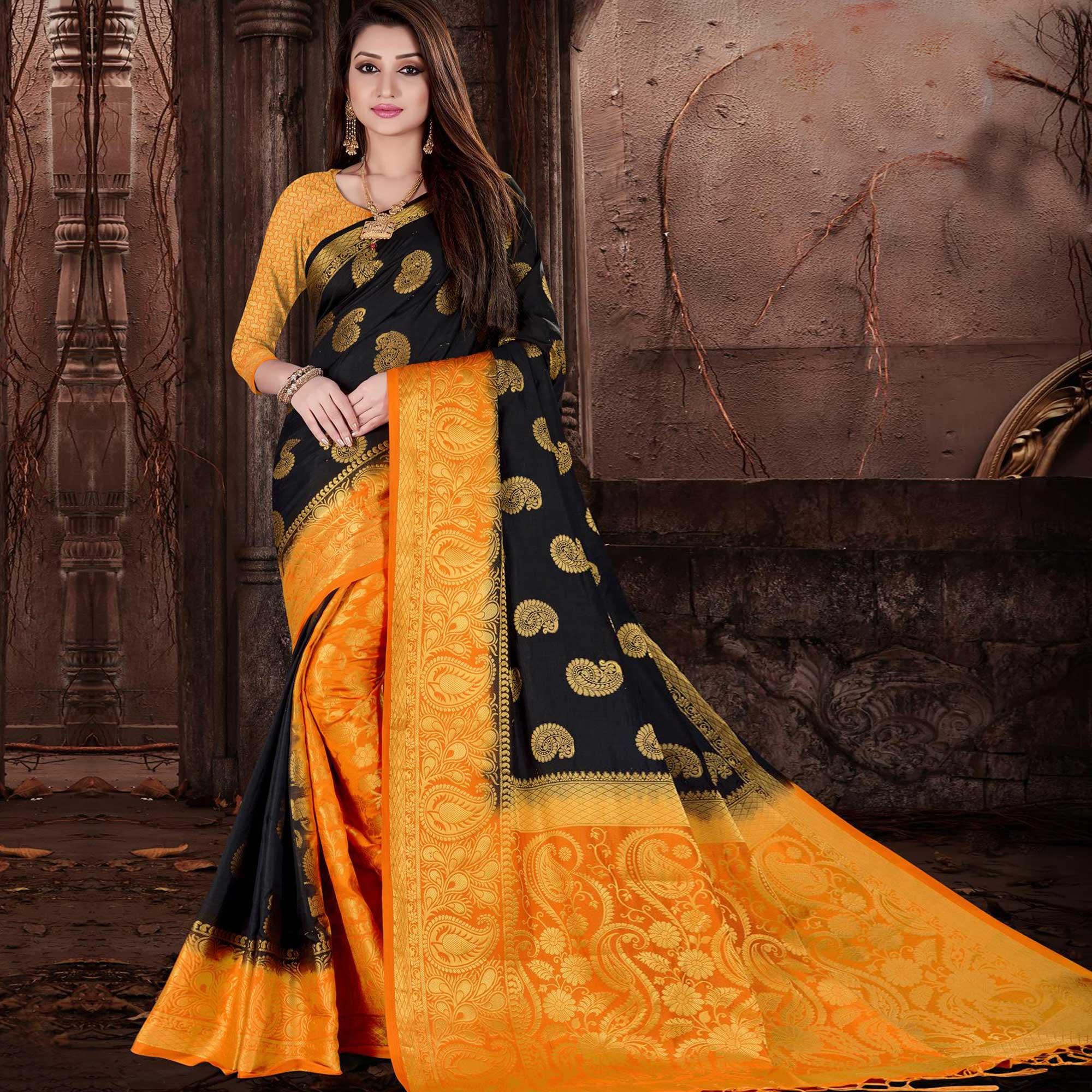 Impressive Black Colored Festive Wear Woven Silk Saree - Peachmode