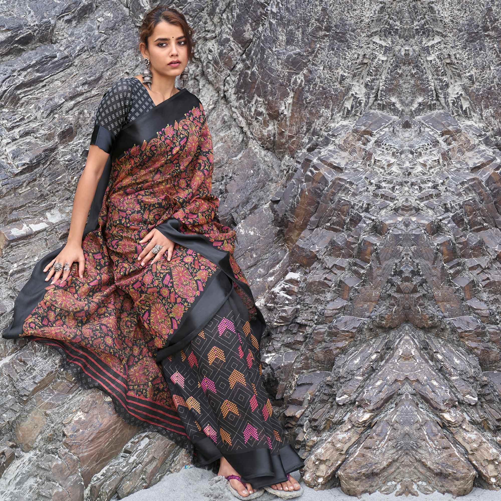 Impressive Black Coloured Casual Wear Printed Linen Saree - Peachmode