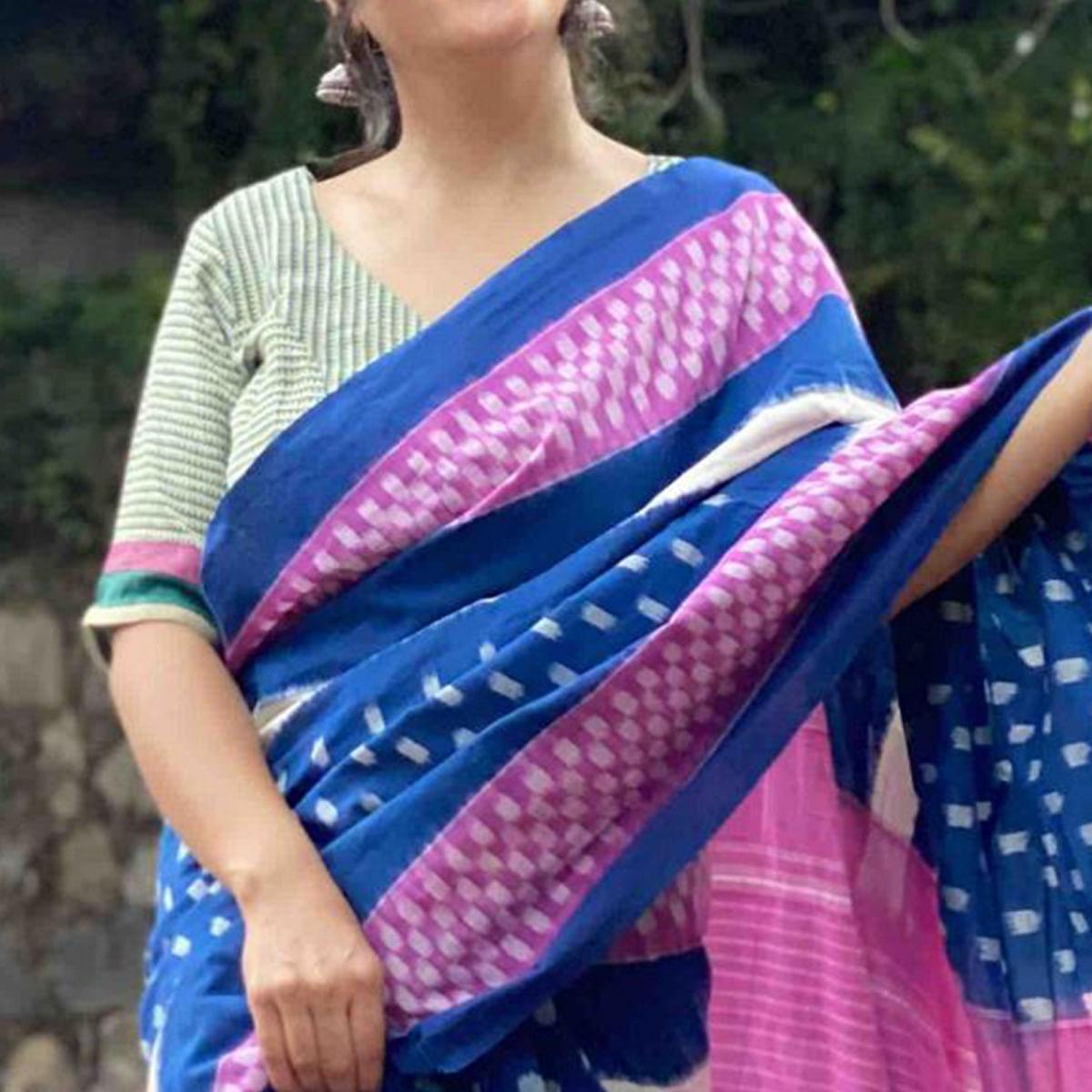Impressive Blue Colored Casual Wear Printed Silk Saree - Peachmode