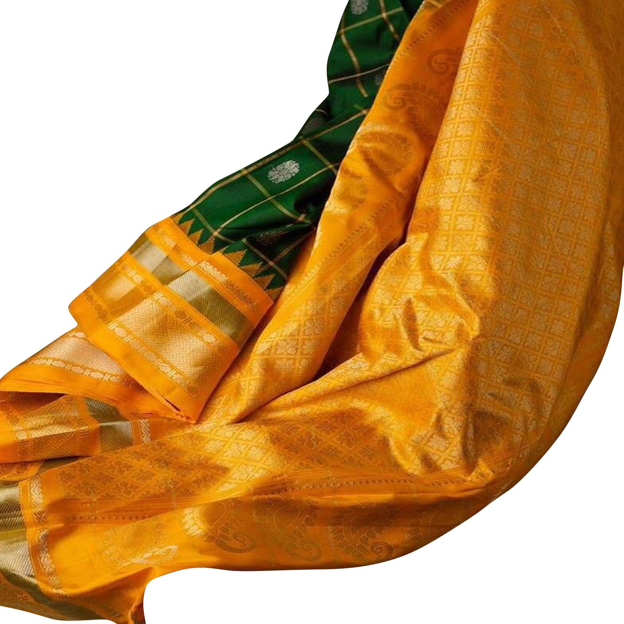 Impressive Bottle Green Colored Festive Wear Woven Nylon Lichi Silk Saree - Peachmode