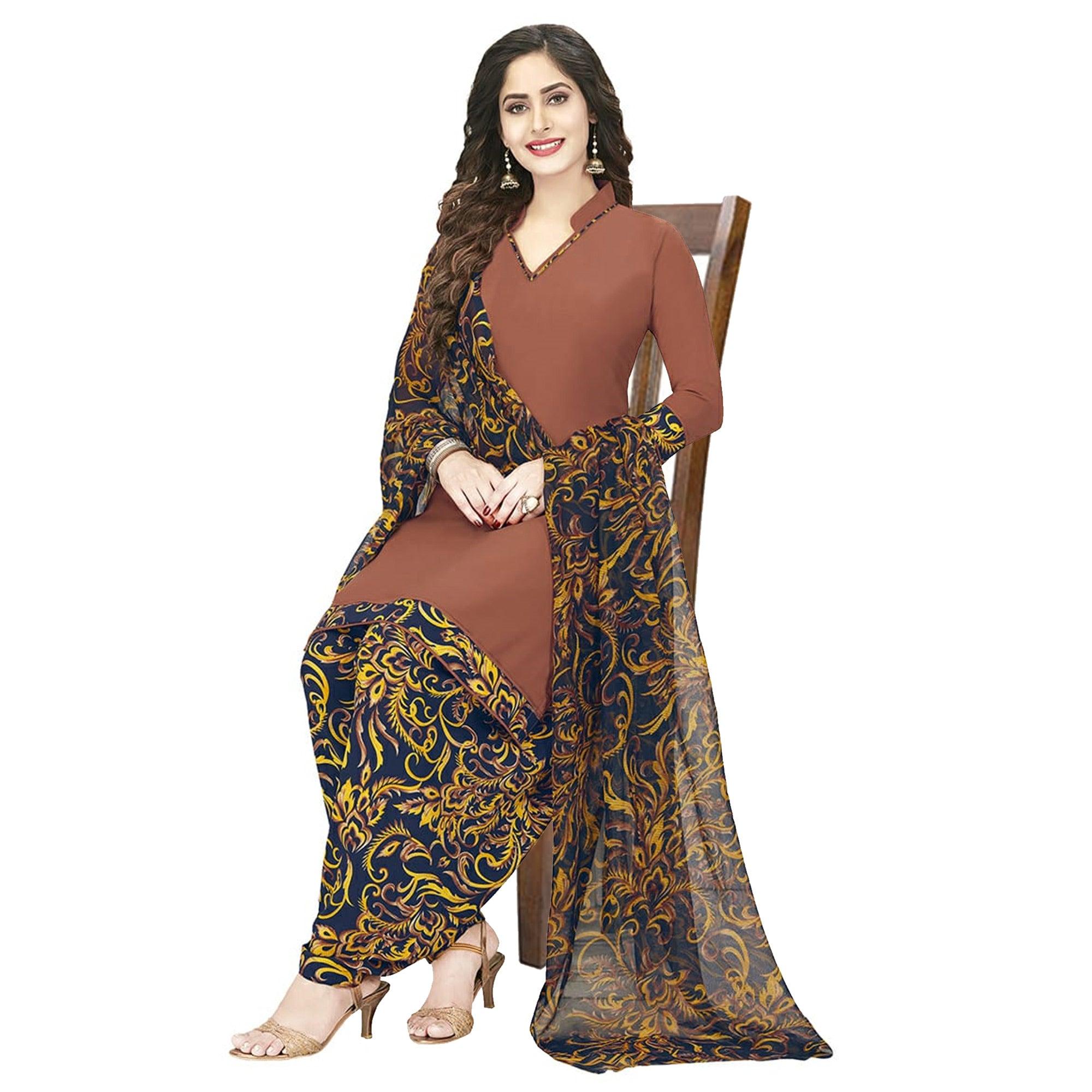 Impressive Brown Colored Casual Wear Printed Crepe Patiala Dress Material - Peachmode