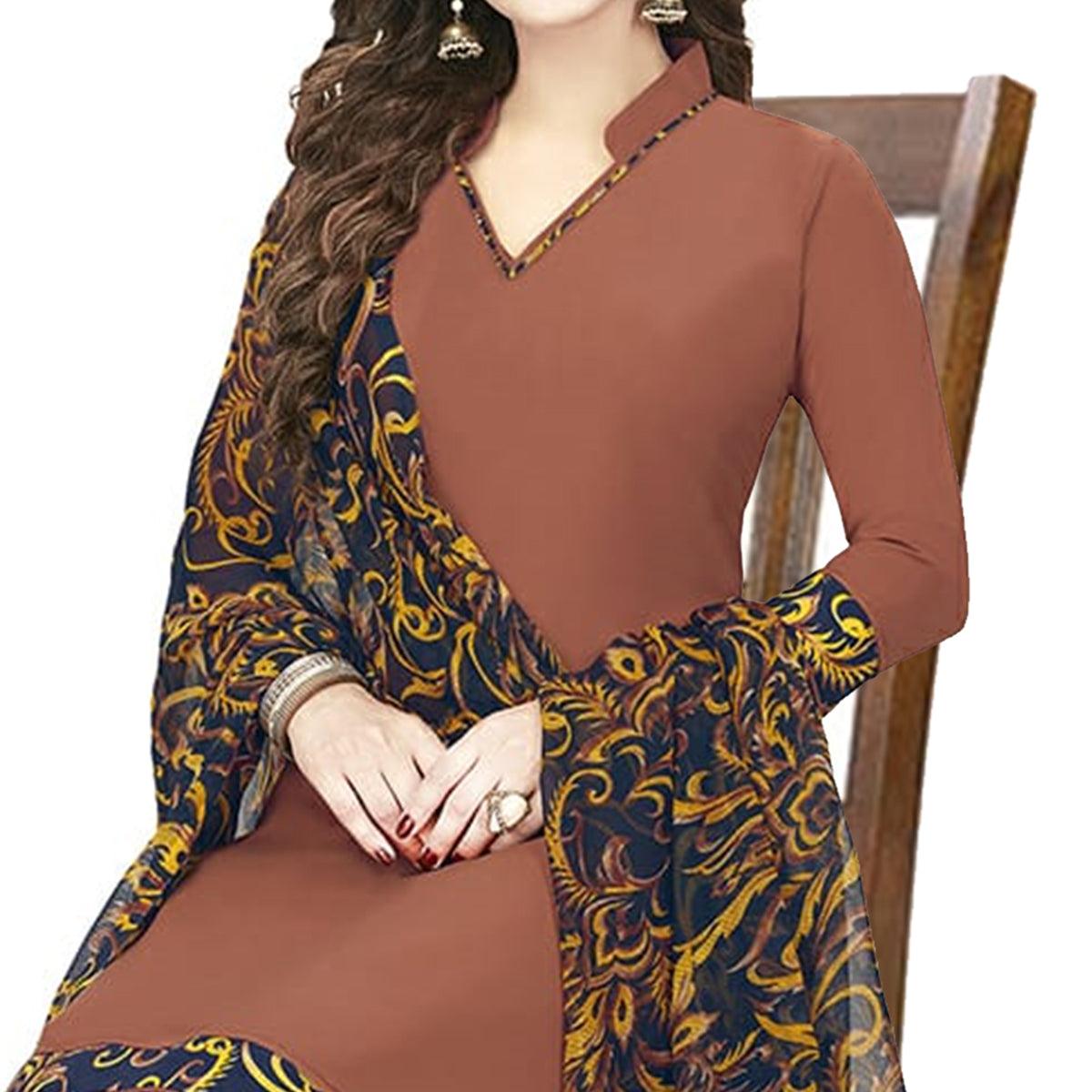 Impressive Brown Colored Casual Wear Printed Crepe Patiala Dress Material - Peachmode