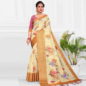 Impressive Cream Colored Festive Wear Digital Printed Linen Saree - Peachmode