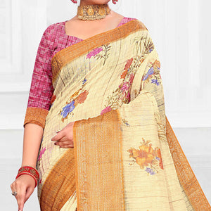 Impressive Cream Colored Festive Wear Digital Printed Linen Saree - Peachmode