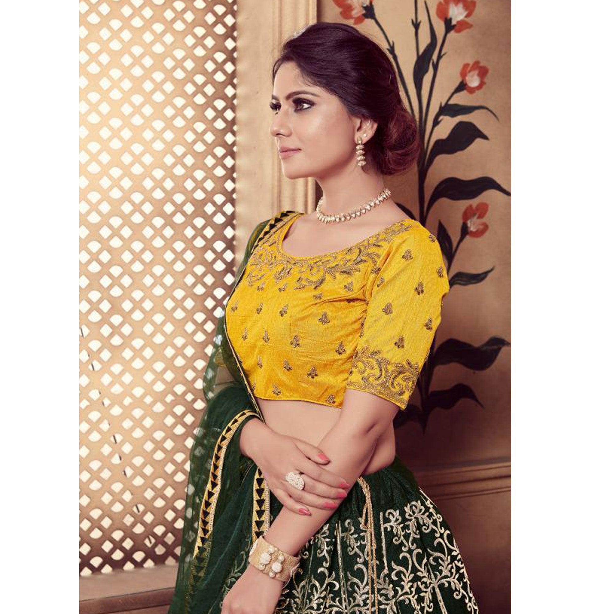 Impressive Dark Green Colored Party Wear Embroidered Silk Lehenga Choli - Peachmode