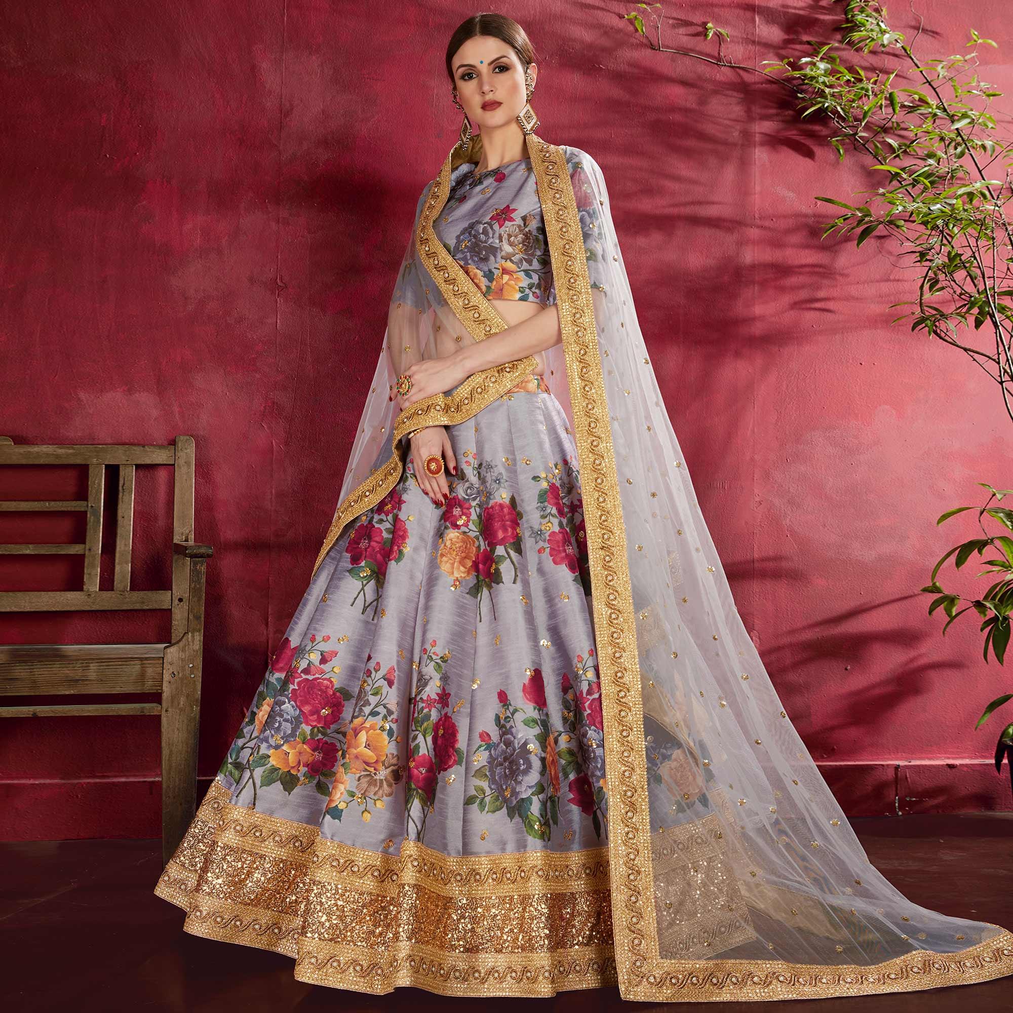 Impressive Gray Colored Partywear Designer Embroidered Art Silk Lehenga Choli - Peachmode