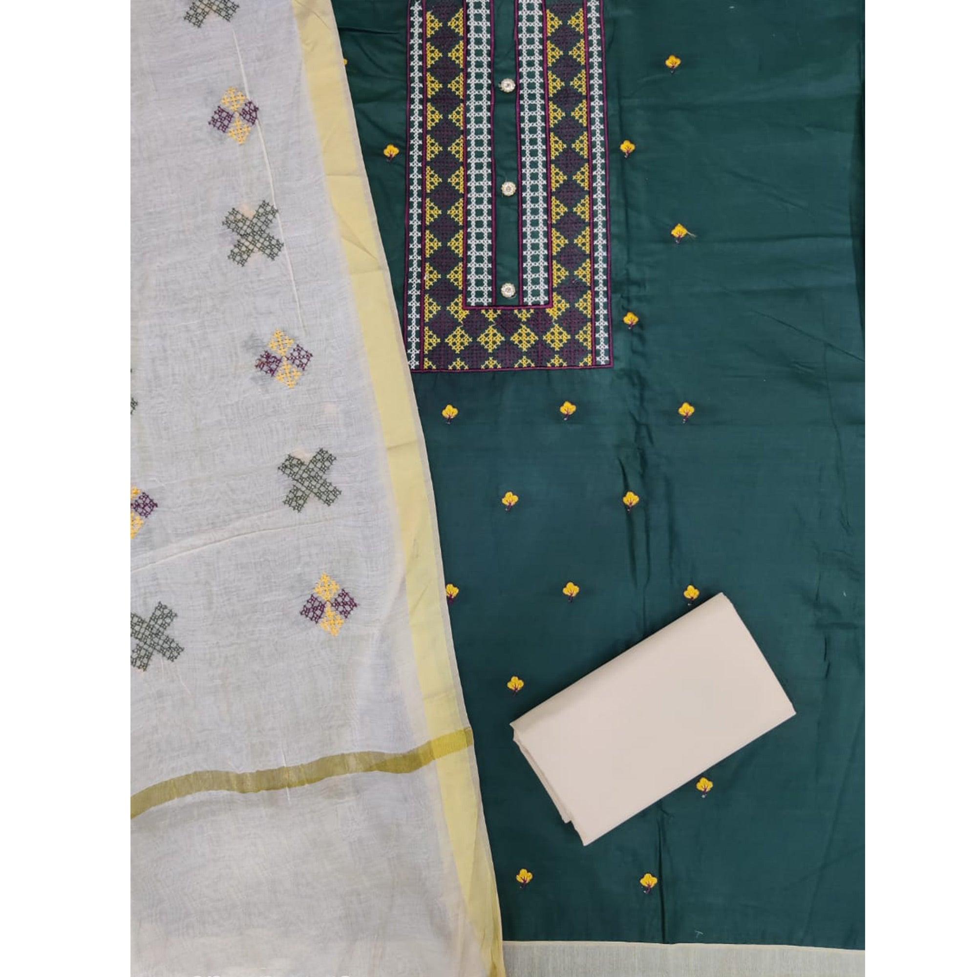 Impressive Green Colored Casual Wear Embroidered Cotton Dress Material - Peachmode