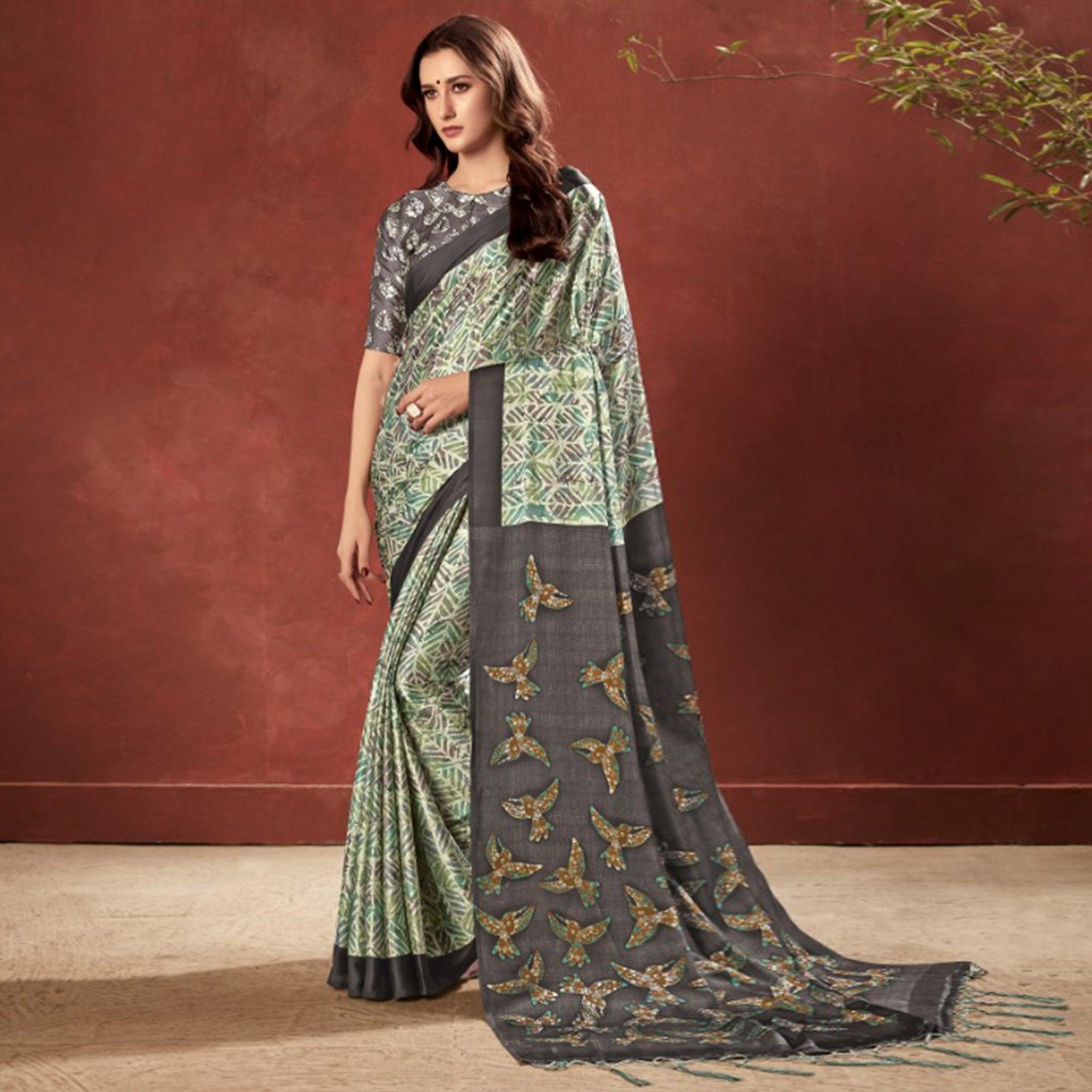 Impressive Green Colored Casual Wear Printed Satin Crepe Saree With Tassels - Peachmode