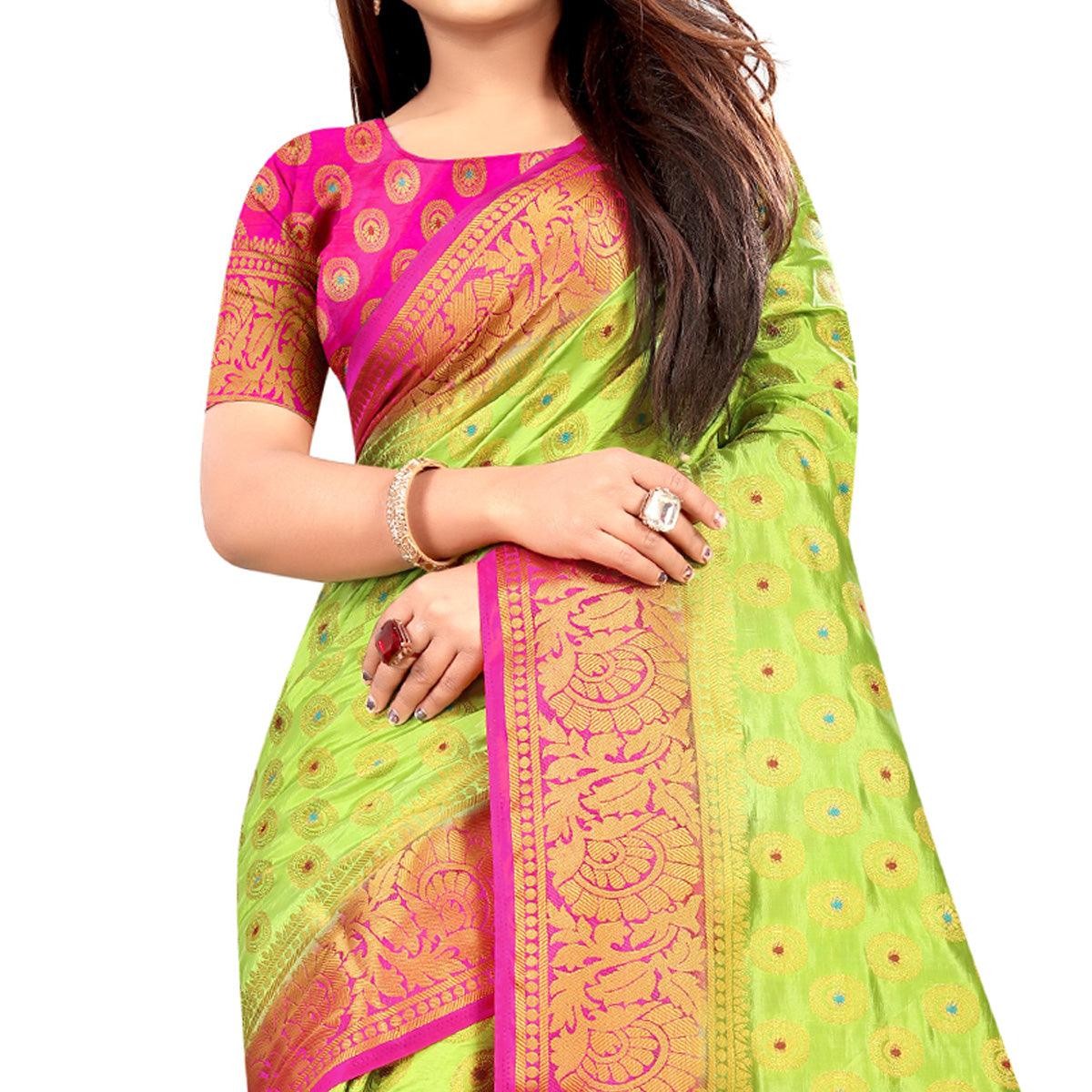 Impressive Green Colored Festive Wear Woven Art Silk Saree - Peachmode