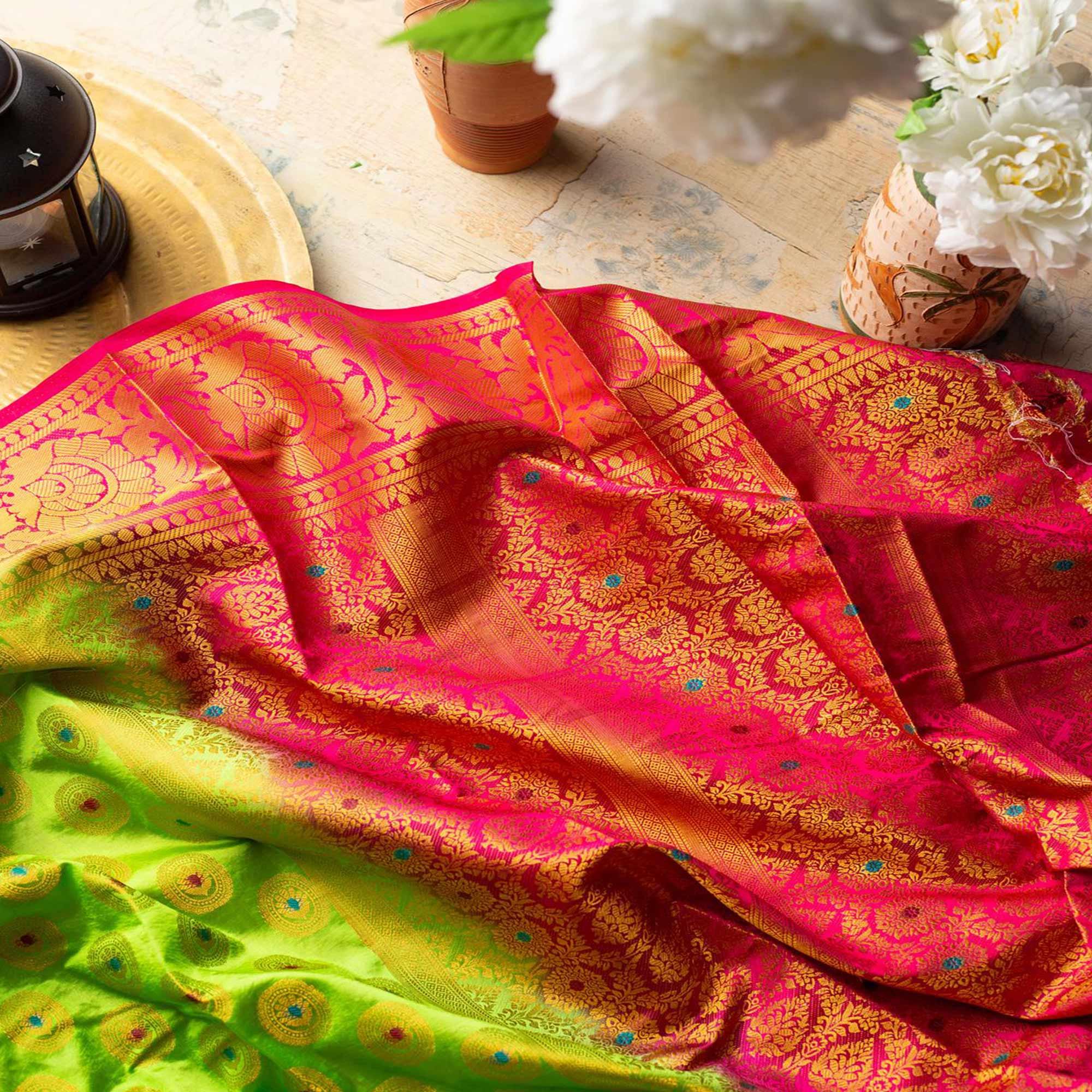 Impressive Green Colored Festive Wear Woven Art Silk Saree - Peachmode