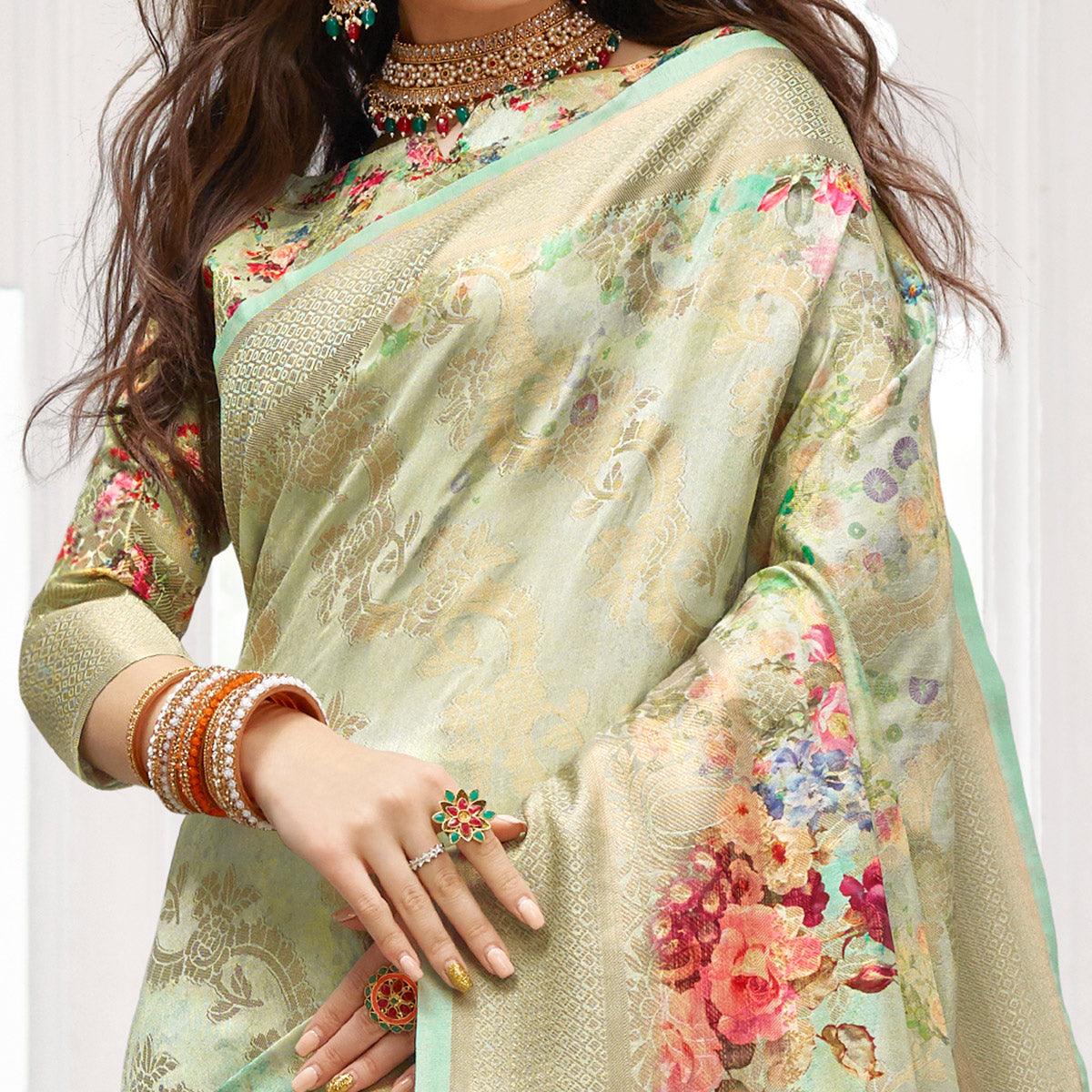 Impressive Green Colored Partywear Digital Floral Printed Silk Saree - Peachmode