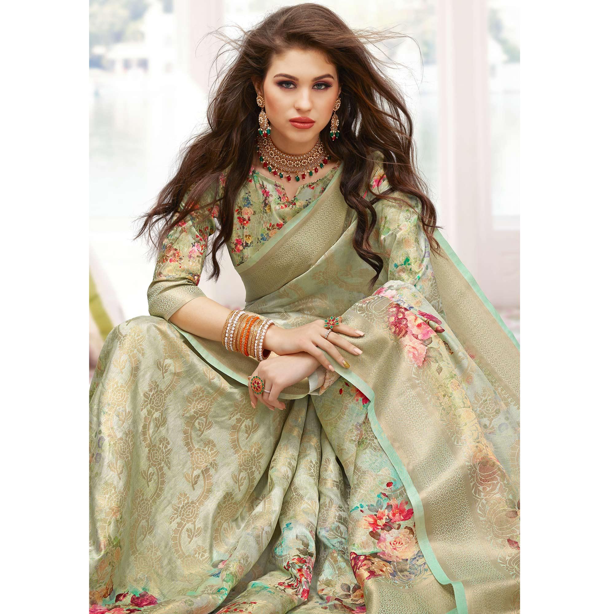 Impressive Green Colored Partywear Digital Floral Printed Silk Saree - Peachmode