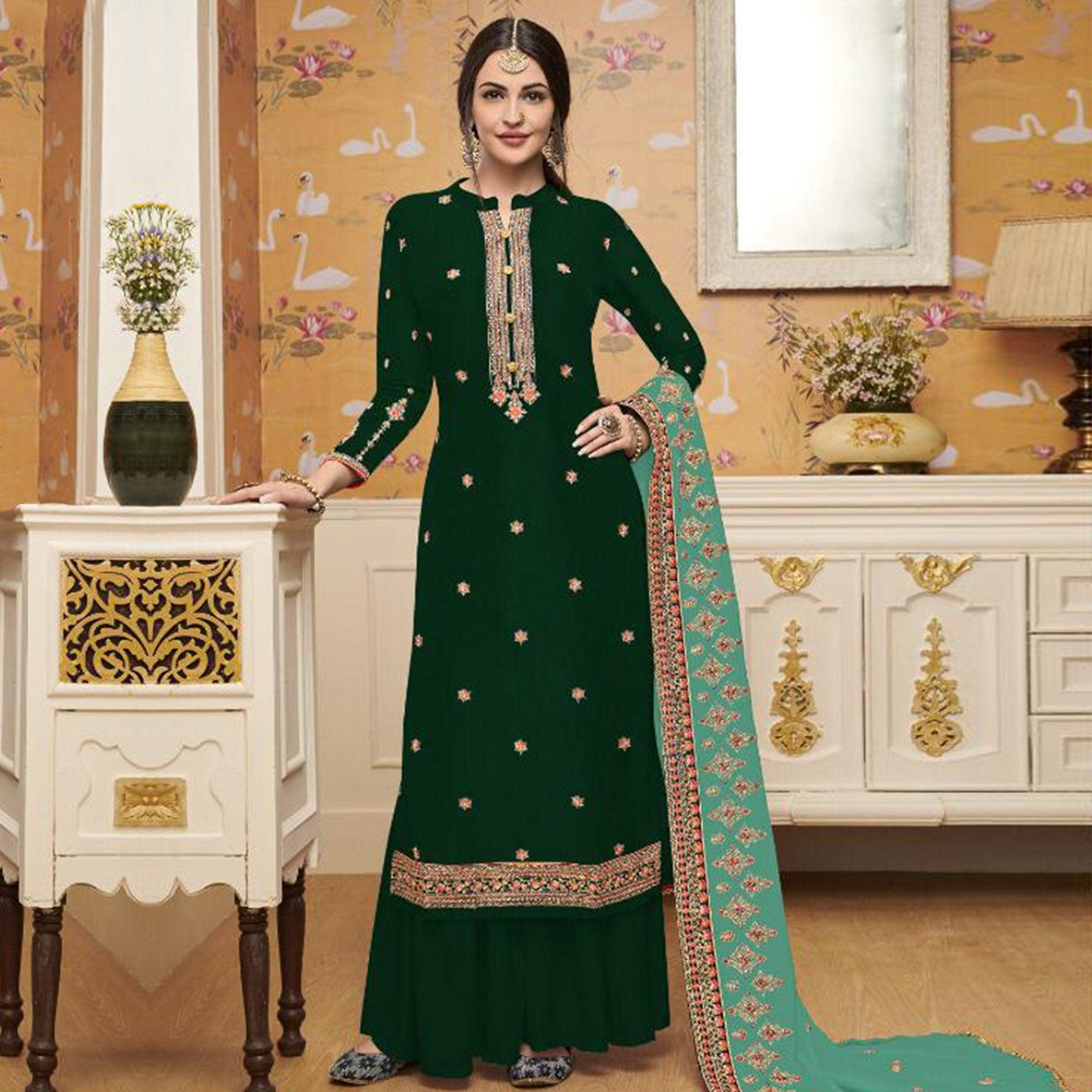 Impressive Green Colored Partywear Embroidered Crepe Palazzo Suit - Peachmode