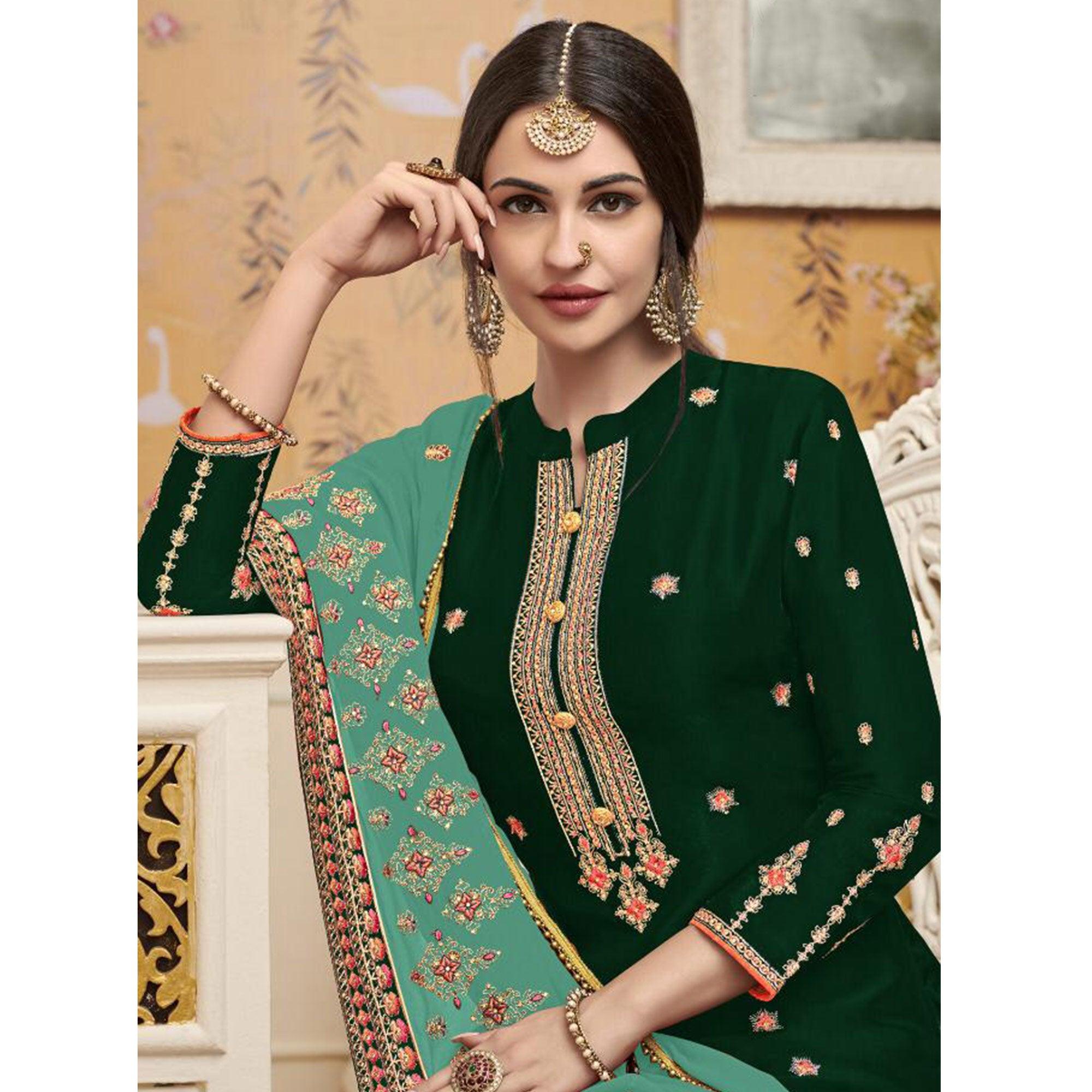 Impressive Green Colored Partywear Embroidered Crepe Palazzo Suit - Peachmode