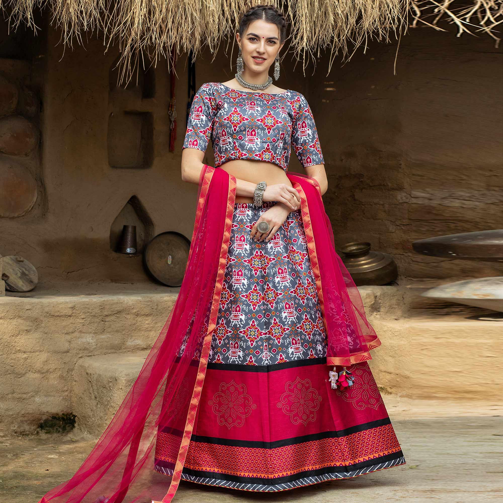 Impressive Grey Coloured Partywear Printed Art Silk Lehenga Choli - Peachmode