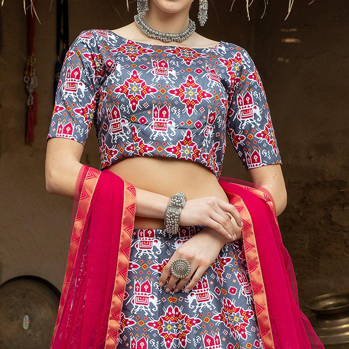 Impressive Grey Coloured Partywear Printed Art Silk Lehenga Choli - Peachmode