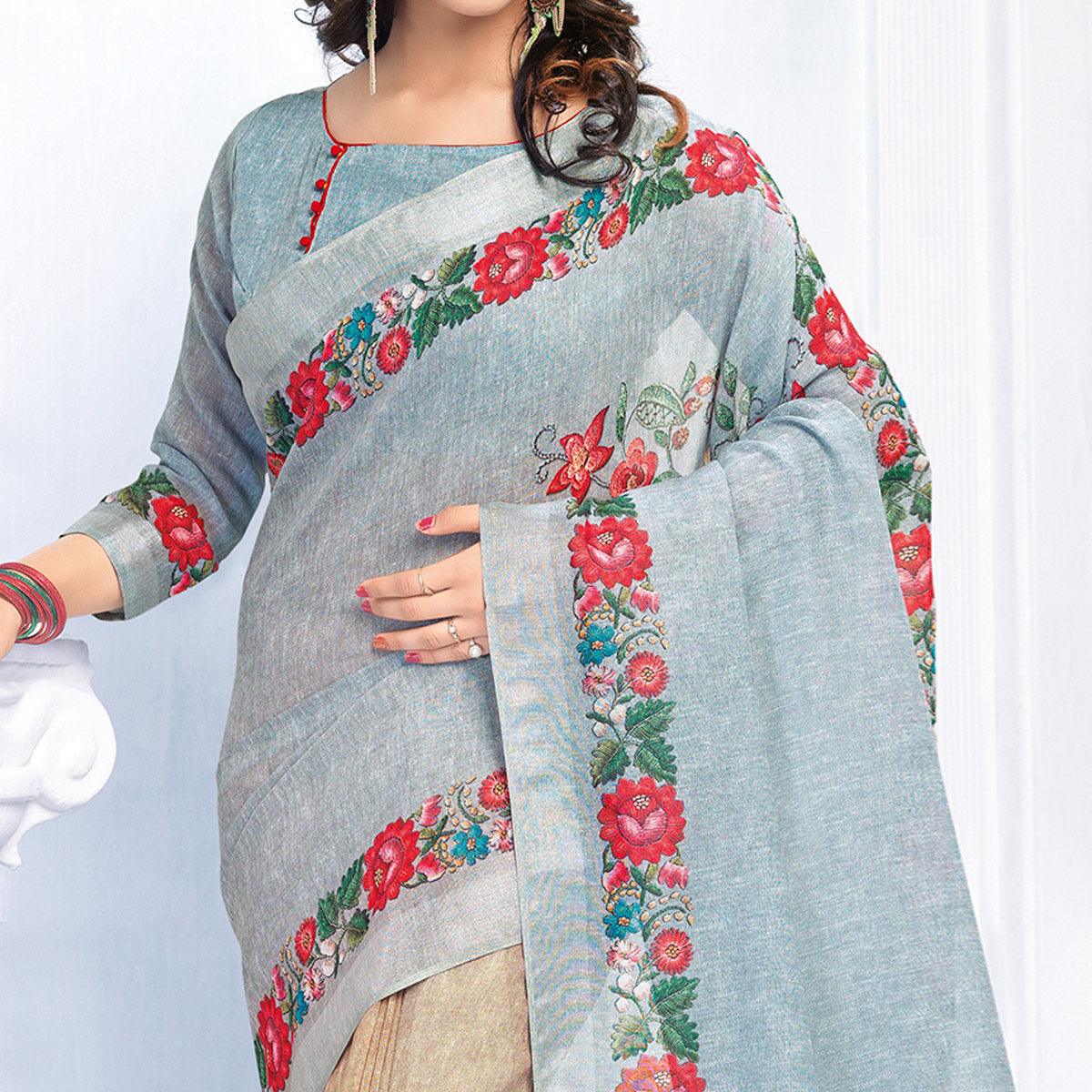 Impressive Grey - Light Brown Colored Casual Wear Printed Pure Linen Saree - Peachmode