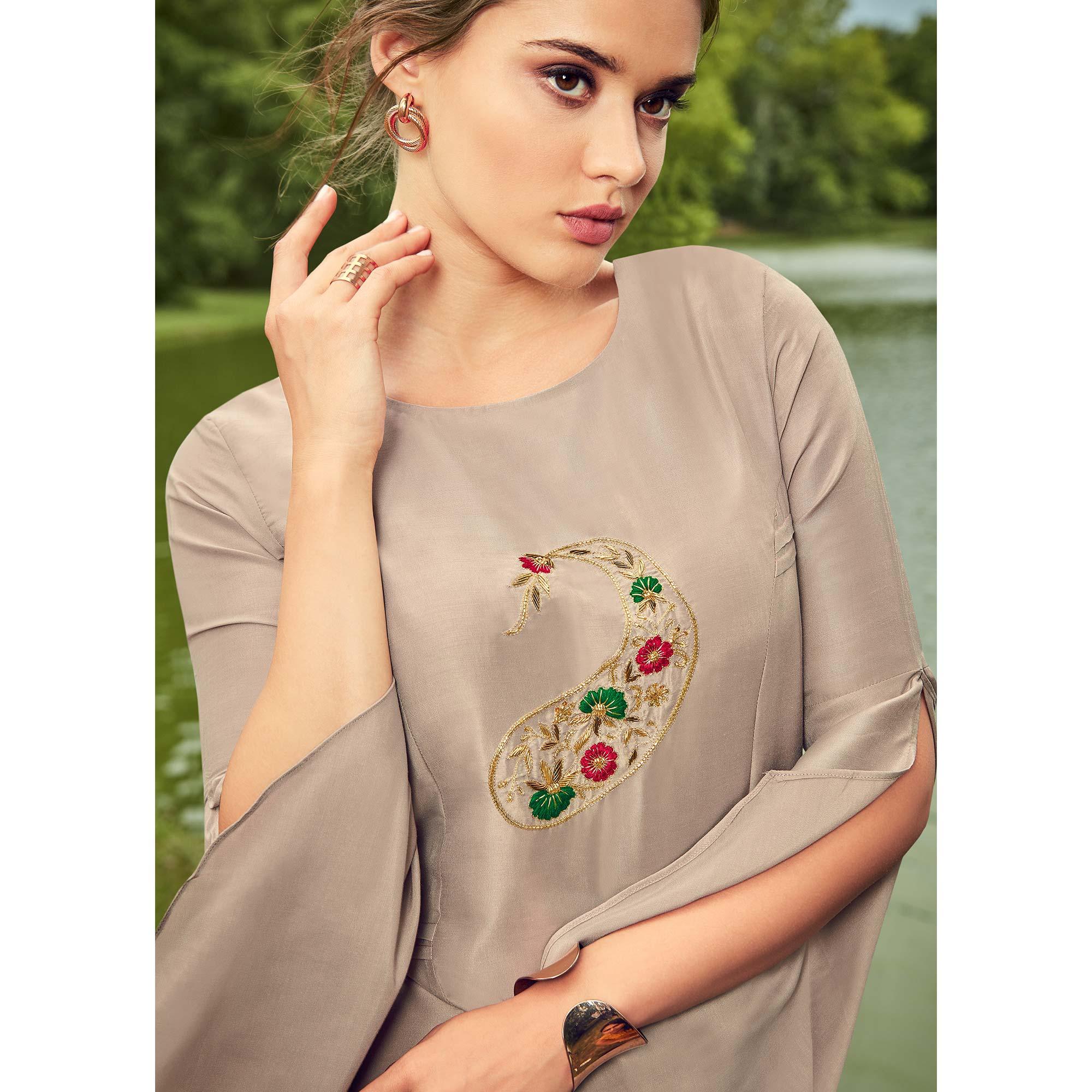 Impressive Light Grey Colored Partywear Hand Embroidered Muslin Silk Kurti-Palazzo Set - Peachmode