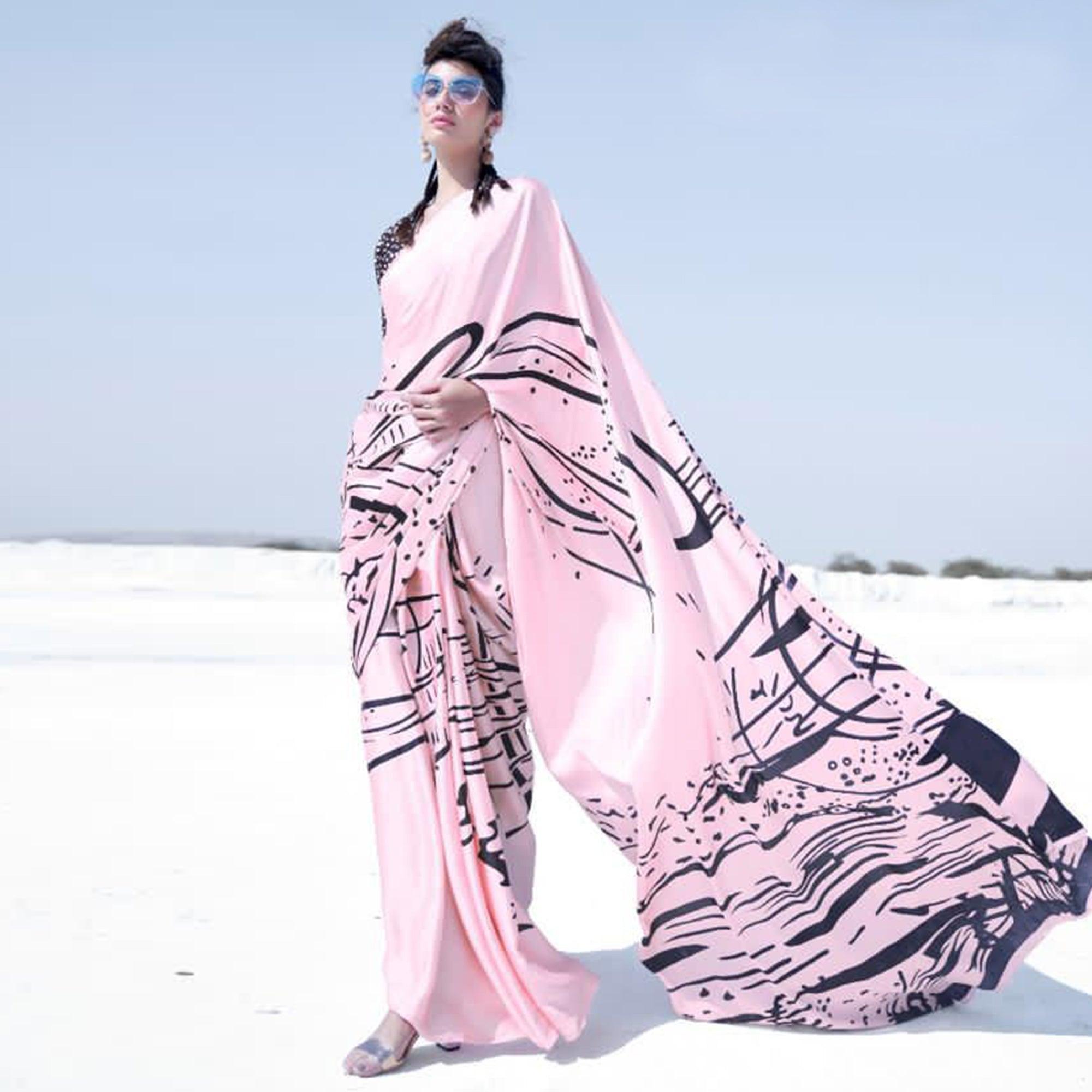 Impressive Light Pink Colored Casual Wear Printed Satin Crepe Saree - Peachmode