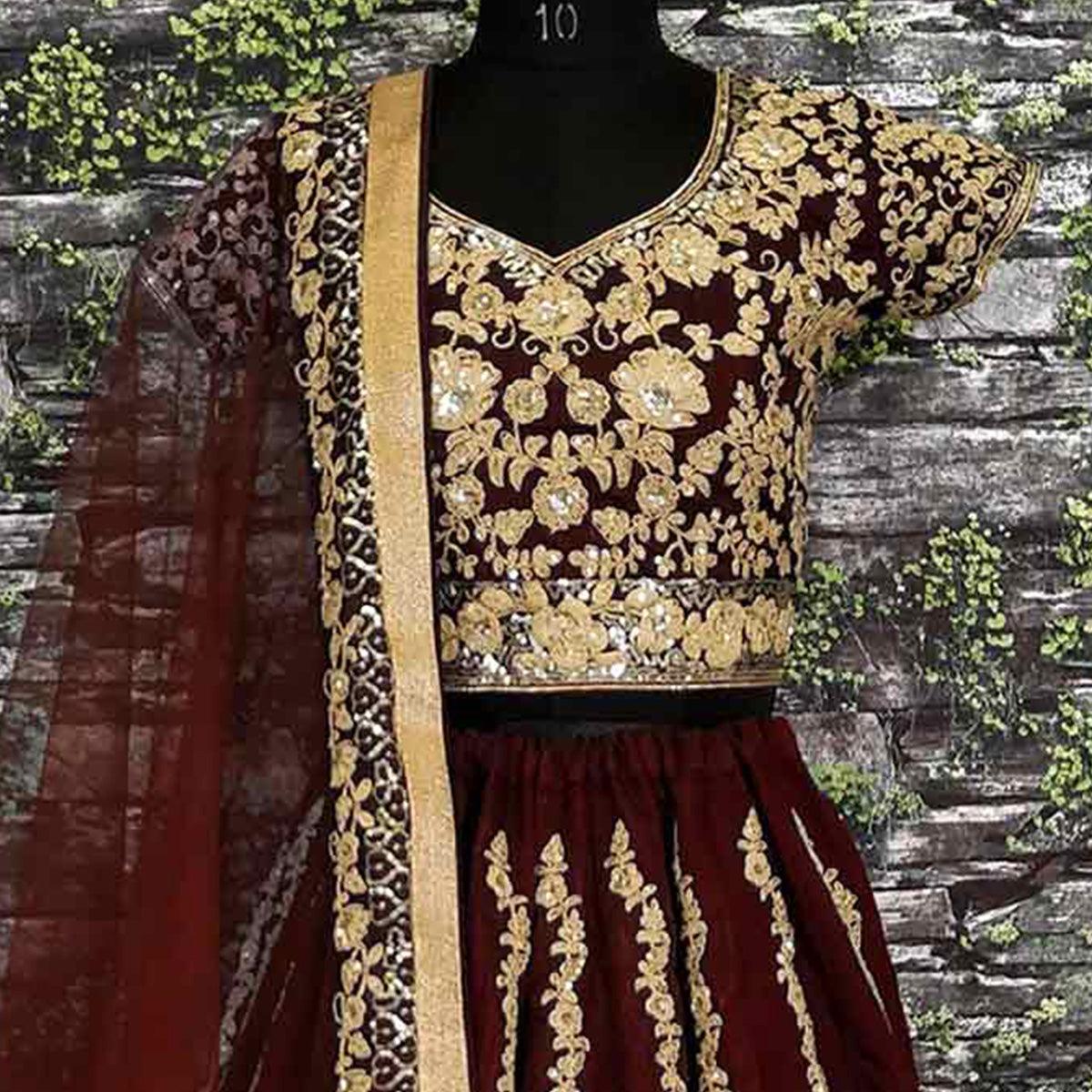 Impressive Maroon Colored Designer Partywear Raw Silk Lehenga Choli - Peachmode