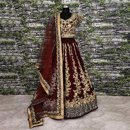 Impressive Maroon Colored Designer Partywear Raw Silk Lehenga Choli - Peachmode