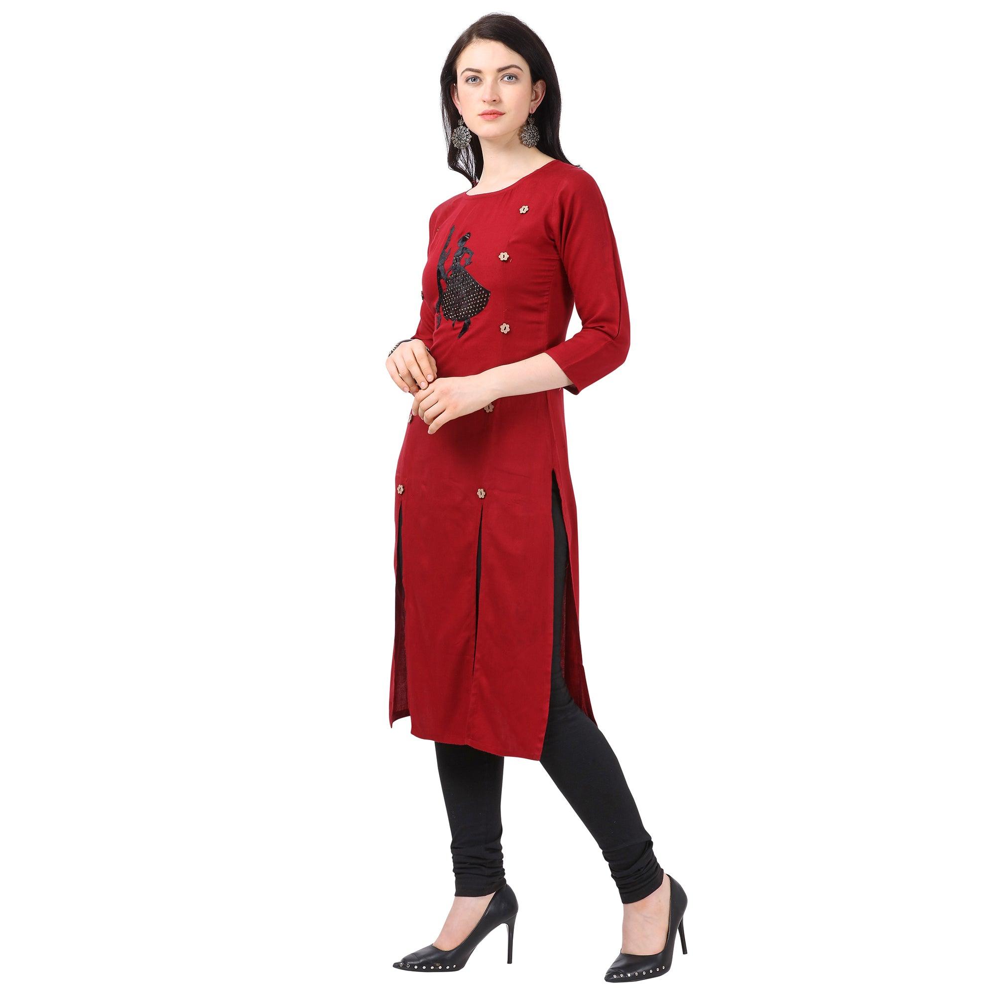 Impressive Maroon Colored Partywear Embellished Rayon Kurti - Peachmode