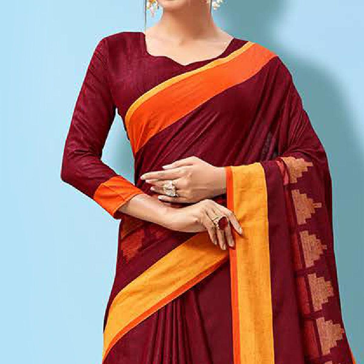 Impressive Maroon Colored Partywear Printed Linen Cotton Saree - Peachmode