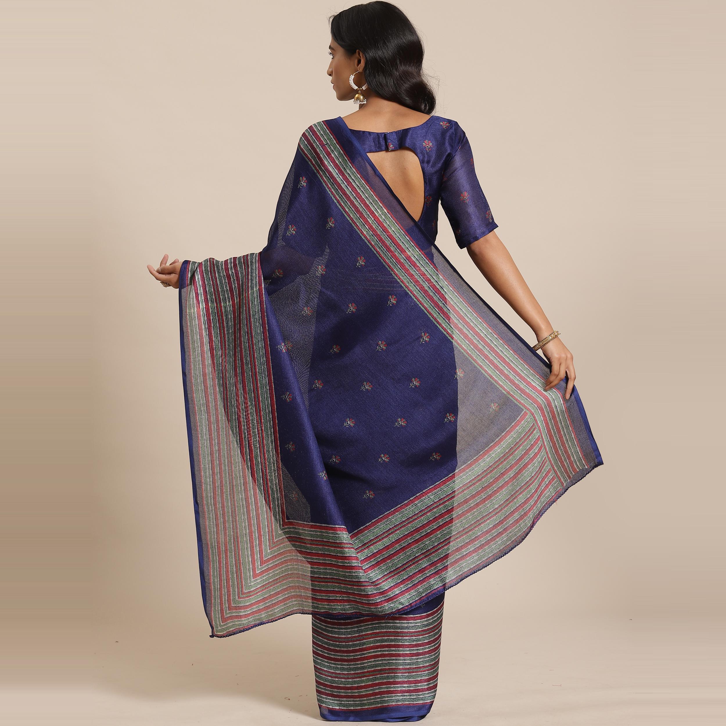 Impressive Navy Blue Colored Casual Wear Printed Jute Silk Saree - Peachmode