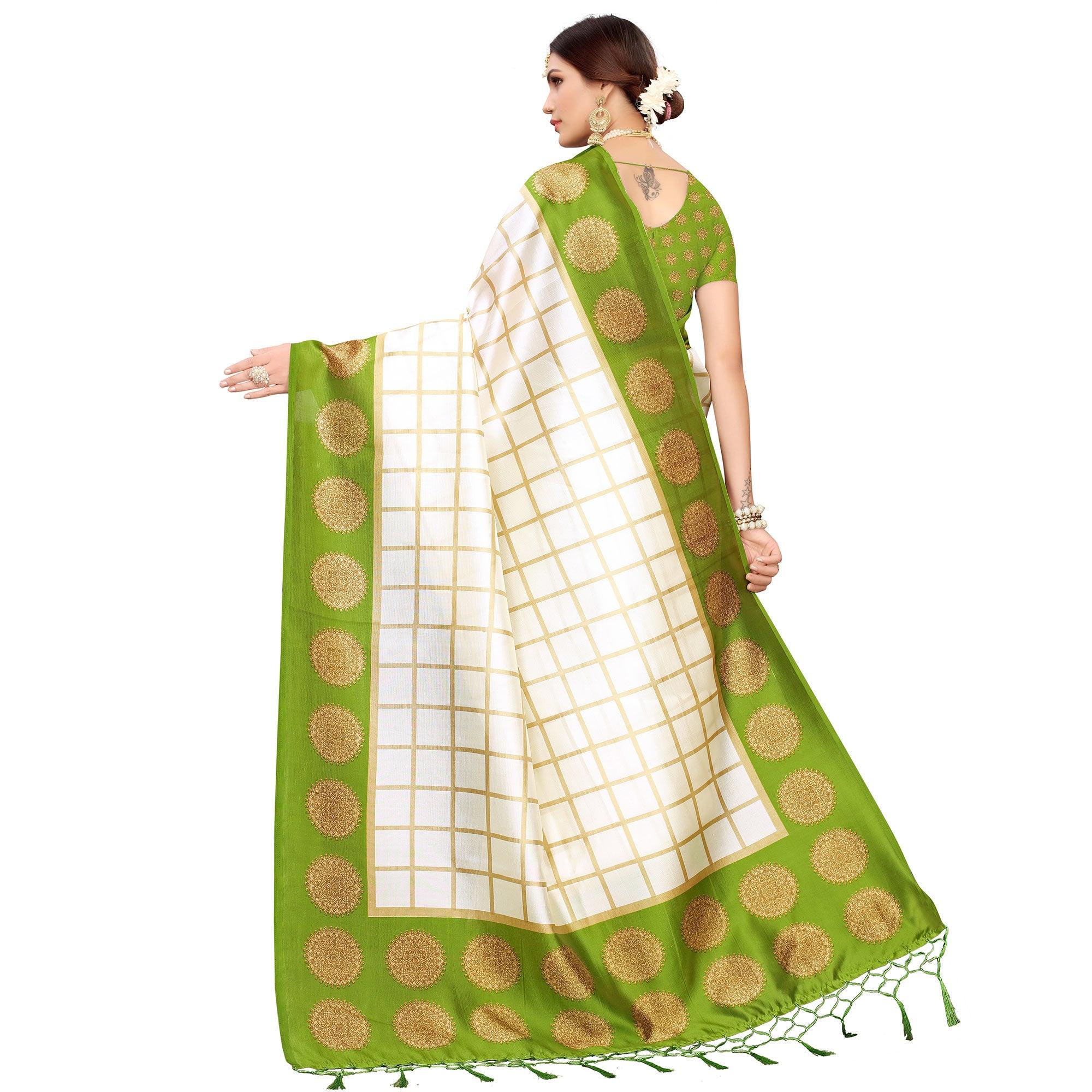 Impressive Off White-Olive Green Colored Festive Wear Mysore Silk Saree - Peachmode