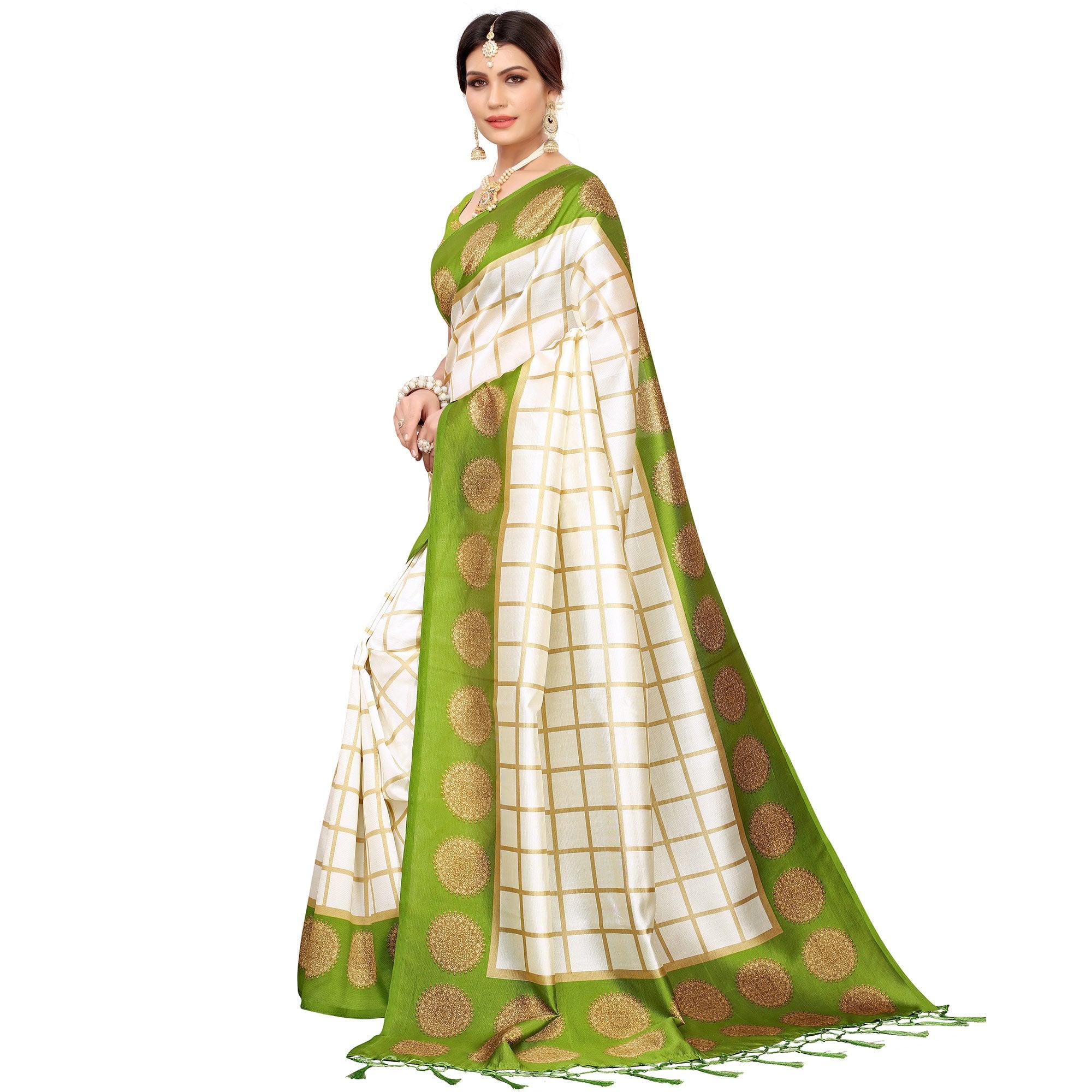 Impressive Off White-Olive Green Colored Festive Wear Mysore Silk Saree - Peachmode
