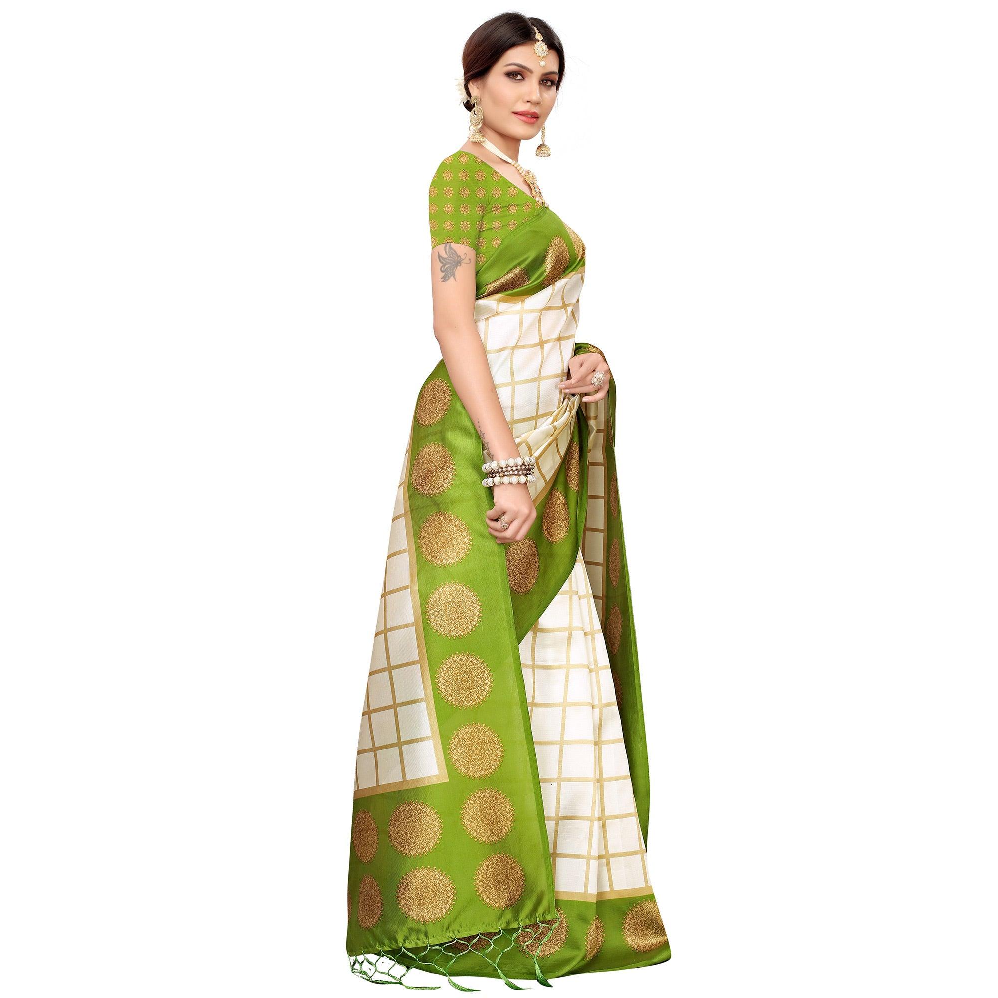 Impressive Off White-Olive Green Colored Festive Wear Mysore Silk Saree - Peachmode