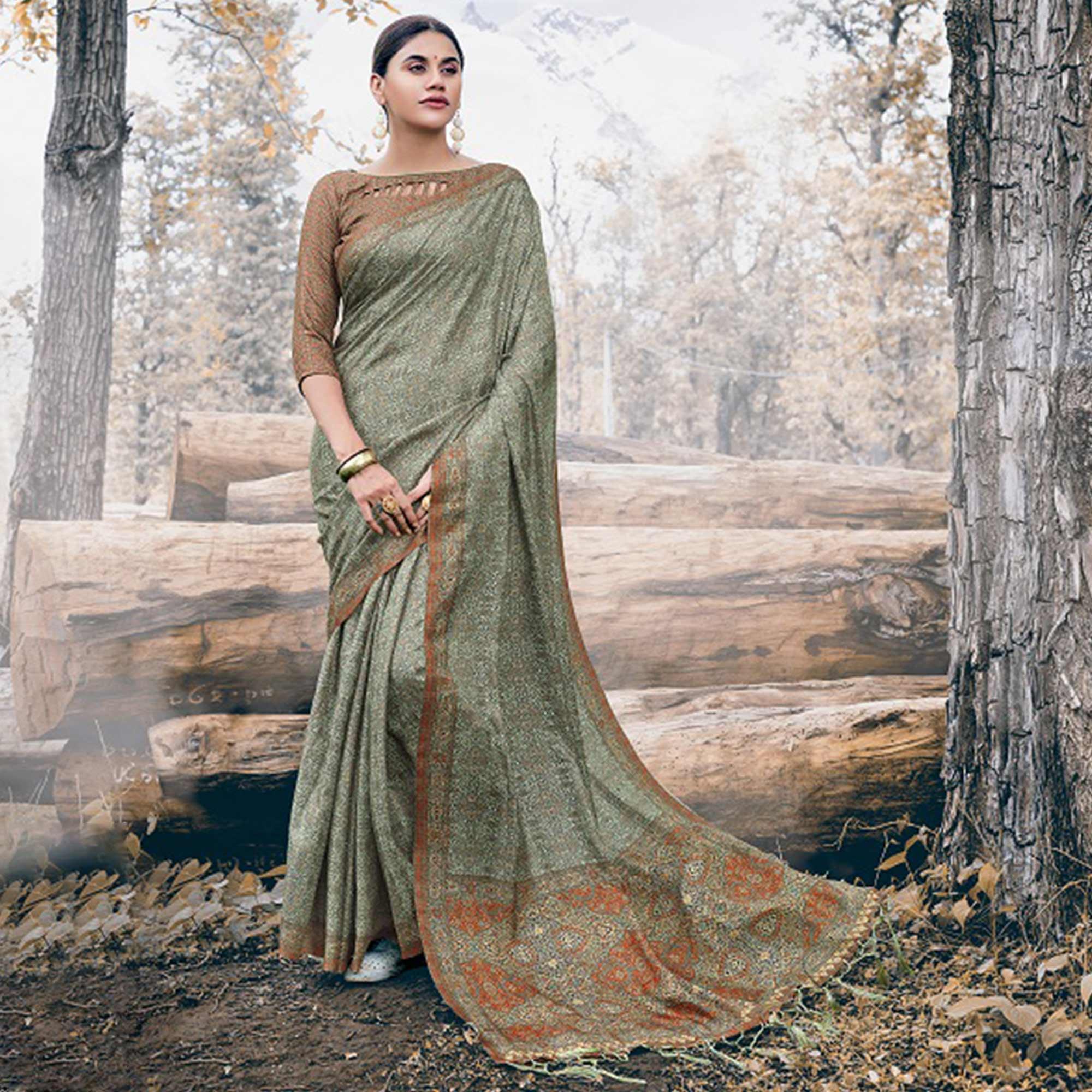 Impressive Olive Green Colored Festive Wear Printed Art Silk Saree - Peachmode