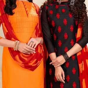 Impressive Orange And Black Colored Dual Top Chanderi - Cotton Dress Material - Peachmode