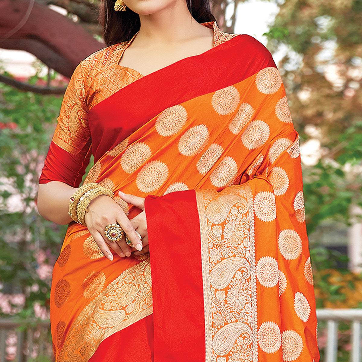Impressive Orange Colored Festive Wear Woven Silk Saree - Peachmode