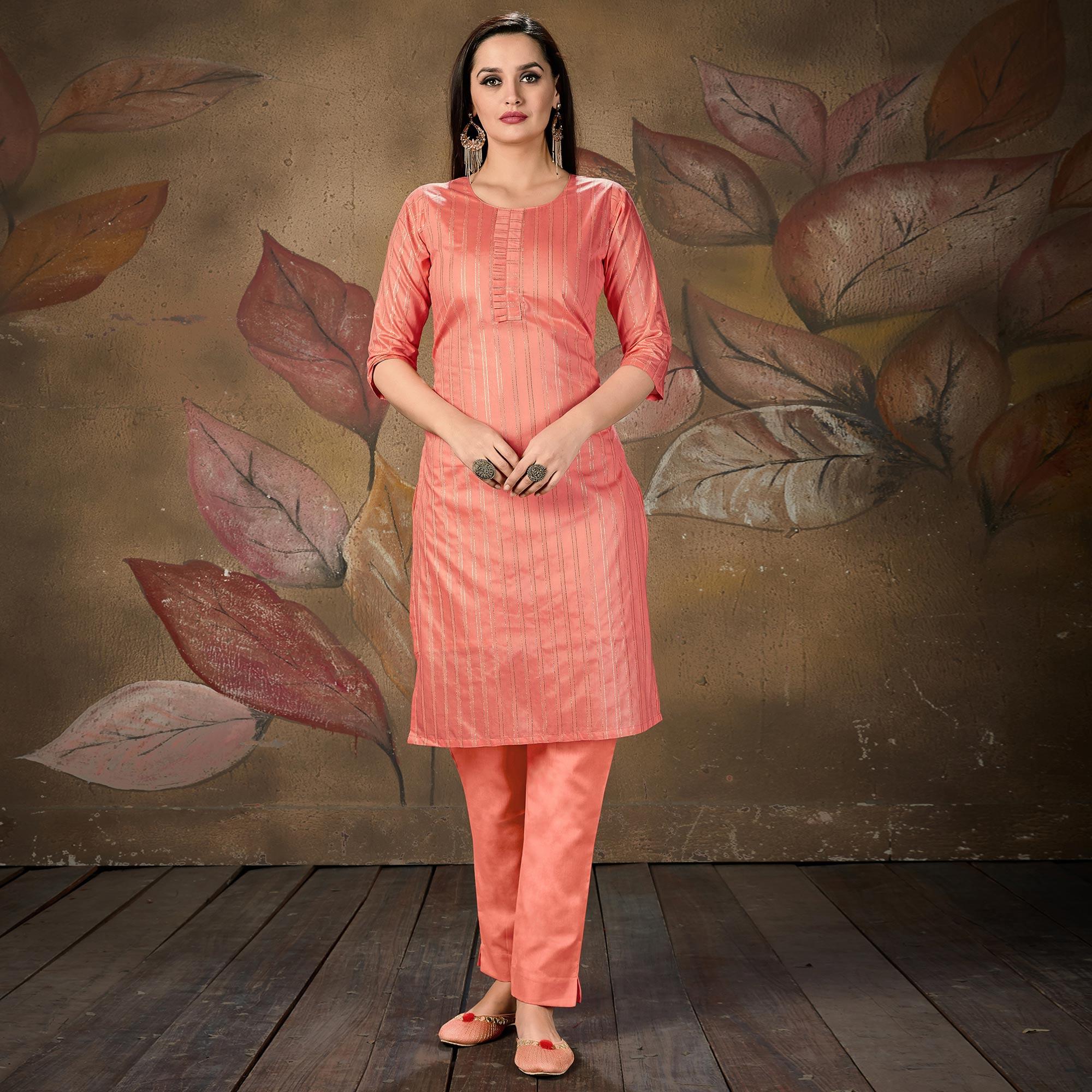 Impressive Peach Colored Casual Wear Printed Cotton Kurti - Peachmode