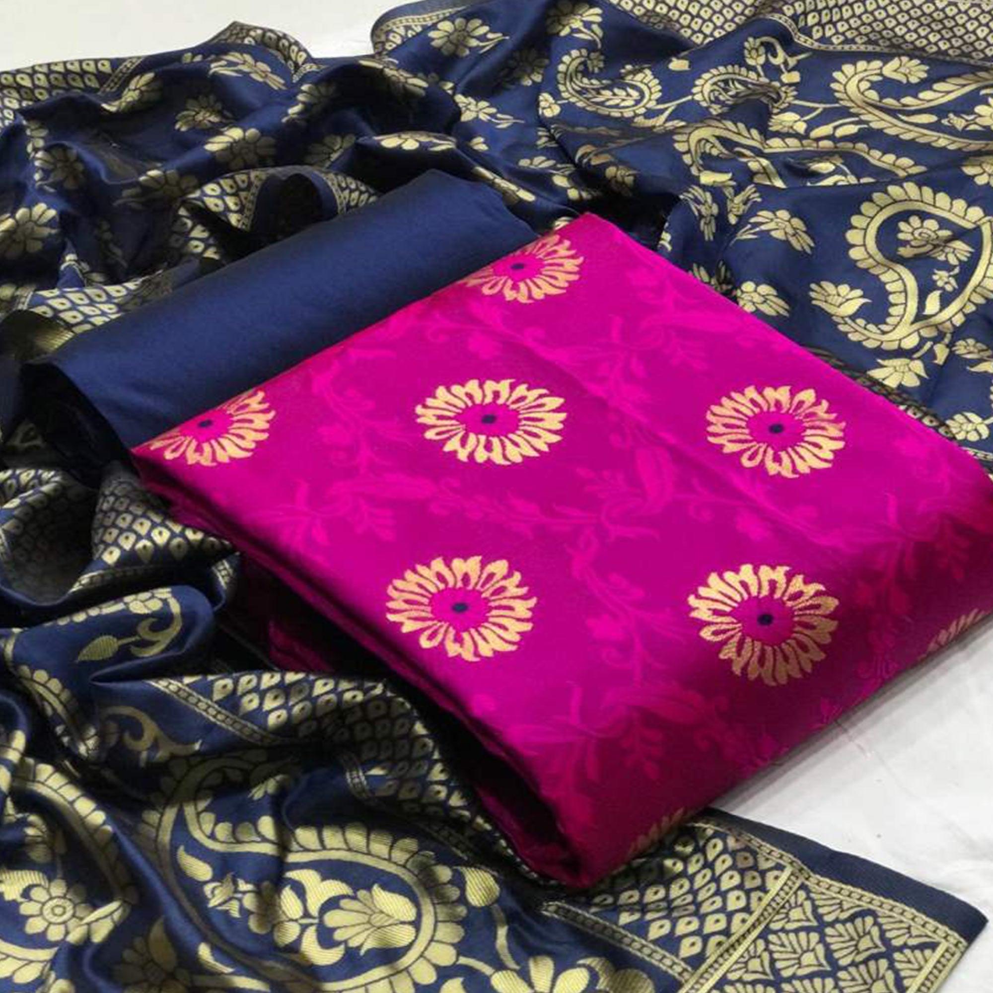 Impressive Pink Colored Casual Wear Banarasi Silk Dress Material - Peachmode
