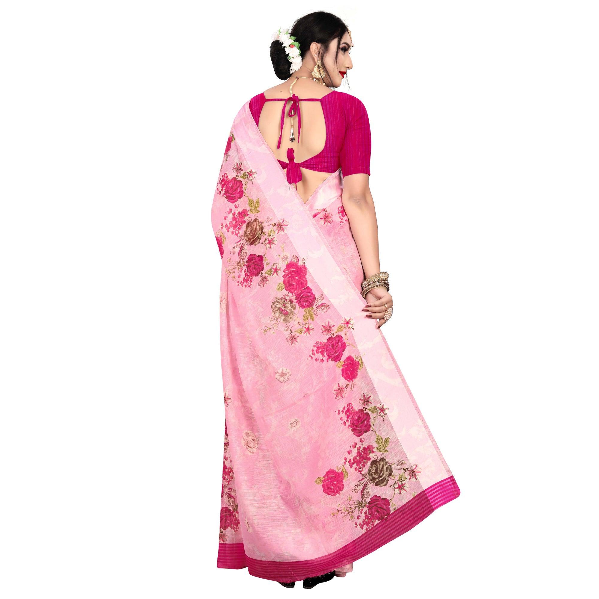 Impressive Pink Colored Casual Wear Floral Printed Linen Saree - Peachmode