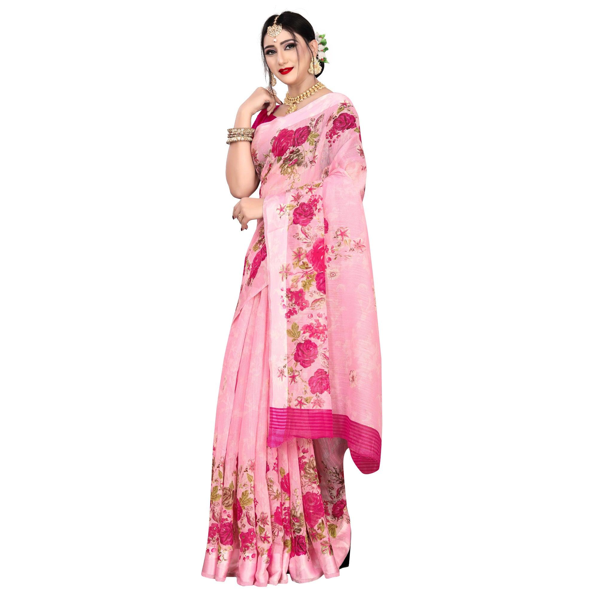 Impressive Pink Colored Casual Wear Floral Printed Linen Saree - Peachmode