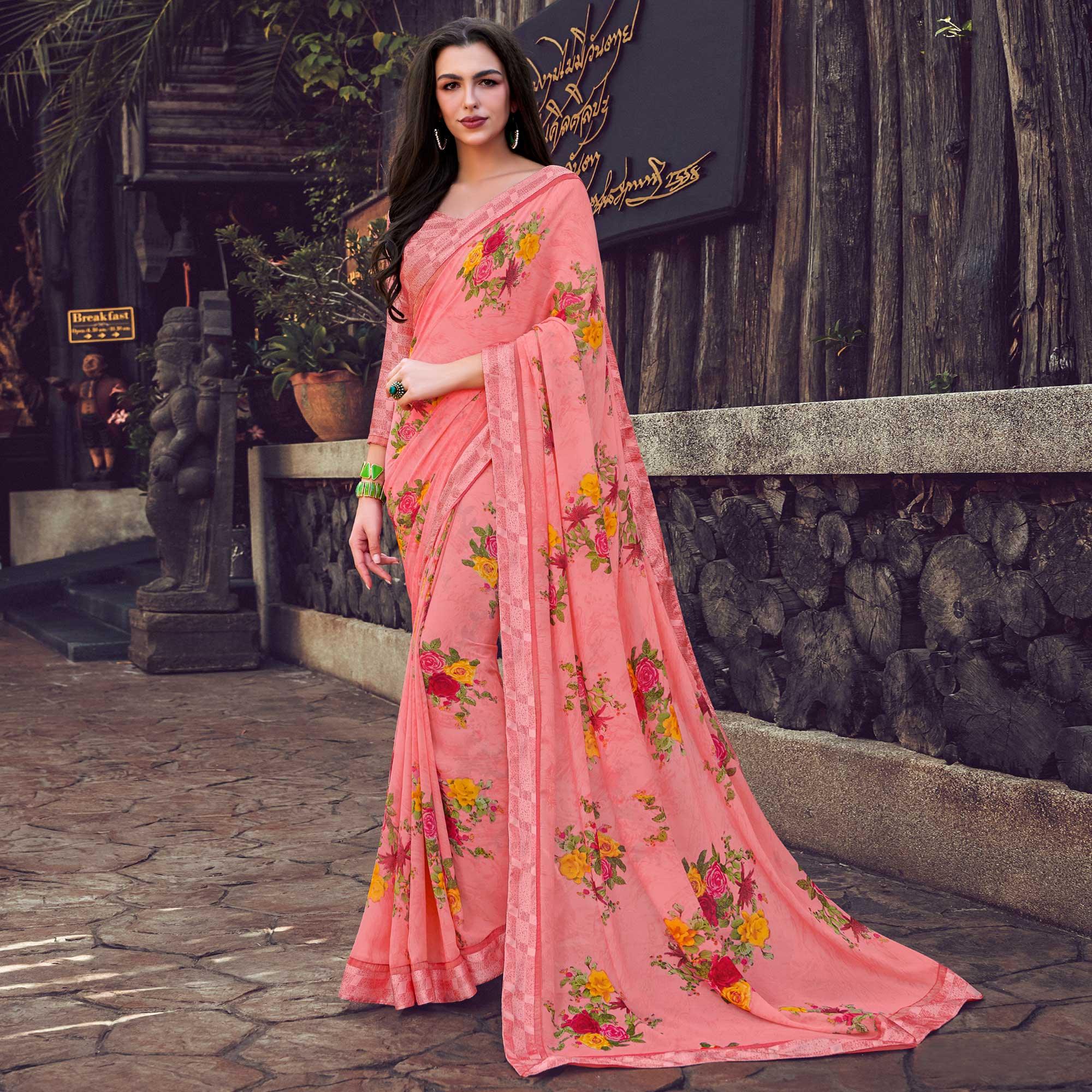 Impressive Pink Colored Partywear Designer Printed Georgette Saree - Peachmode