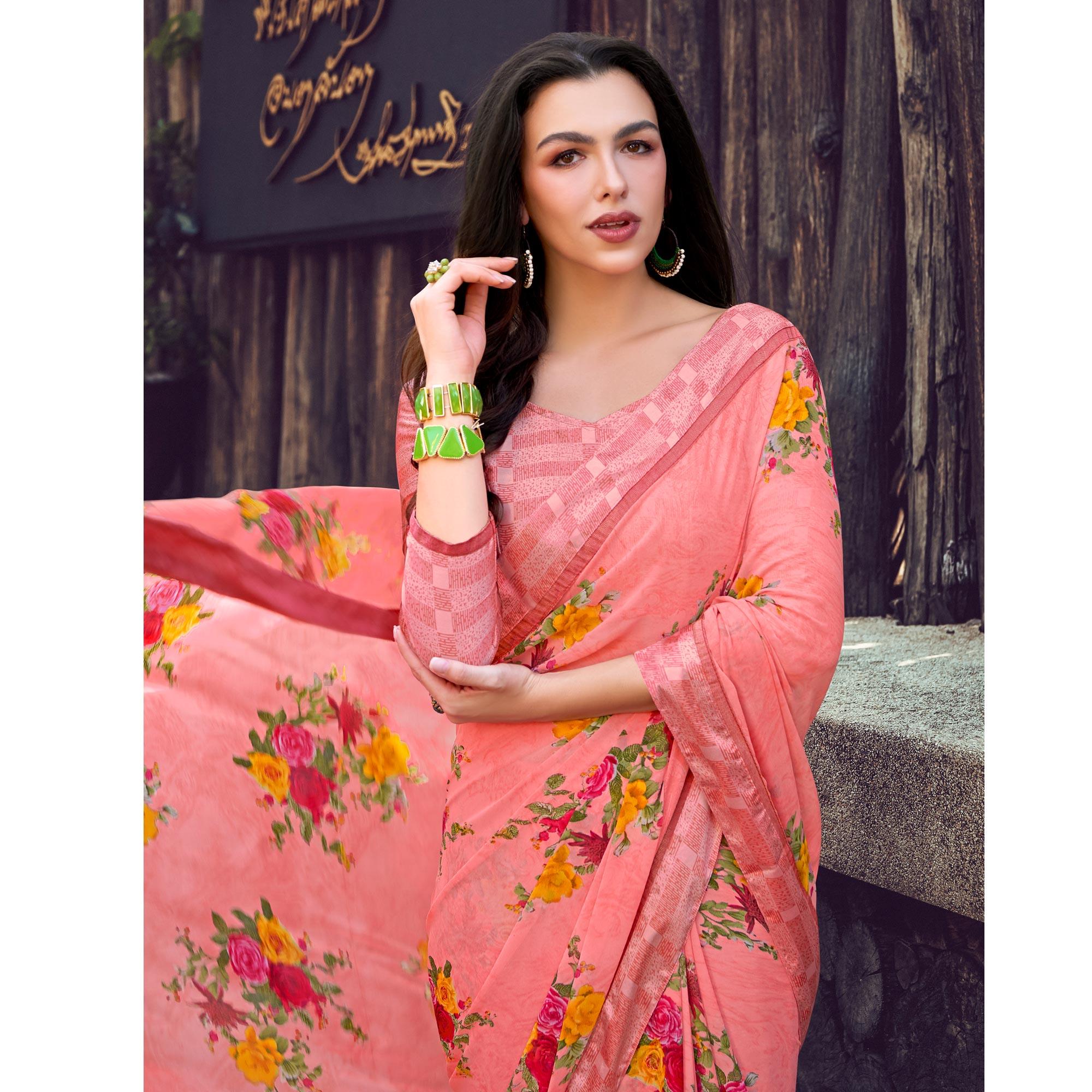 Impressive Pink Colored Partywear Designer Printed Georgette Saree - Peachmode
