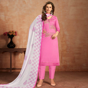 Impressive Pink Colored Partywear Embroidered Pure Cotton Dress Material - Peachmode