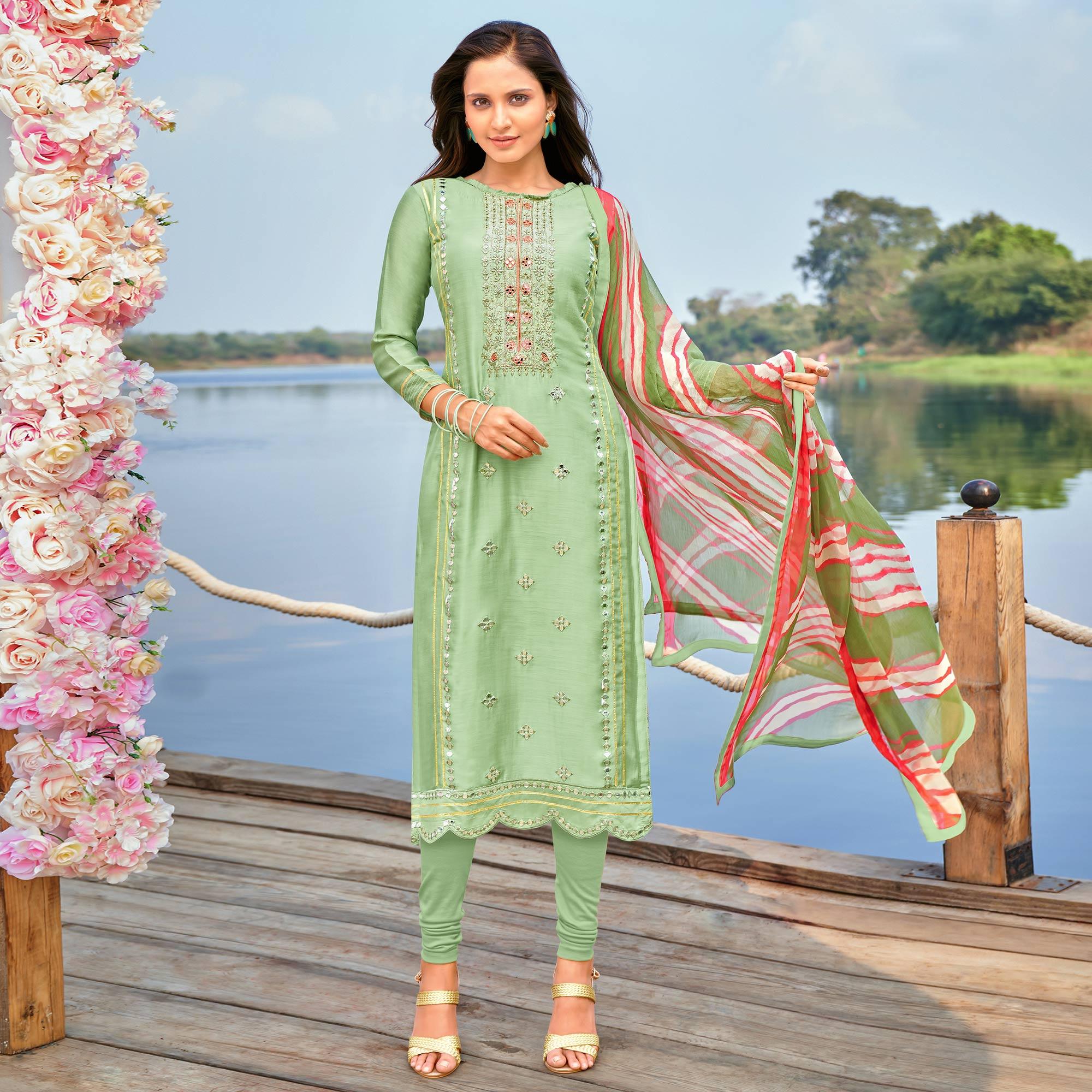 Impressive Pista Green Colored Partywear Embroidered Modal Cotton Dress Material - Peachmode