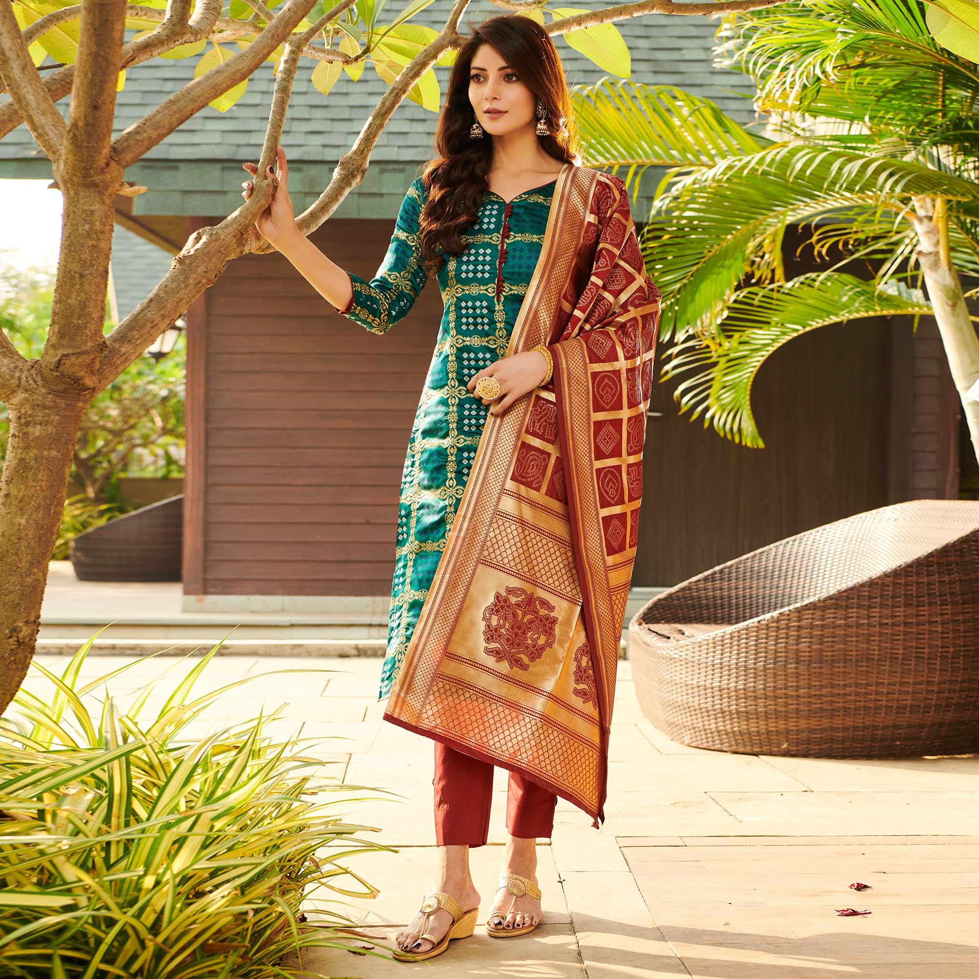 Impressive Rama Green Colored Casual Wear Woven Jacquard Silk Dress Material - Peachmode