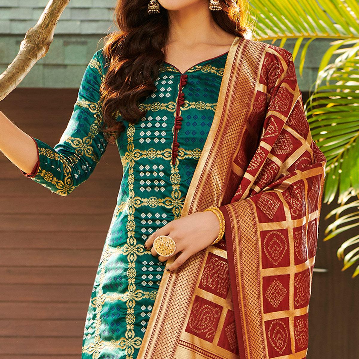 Impressive Rama Green Colored Casual Wear Woven Jacquard Silk Dress Material - Peachmode