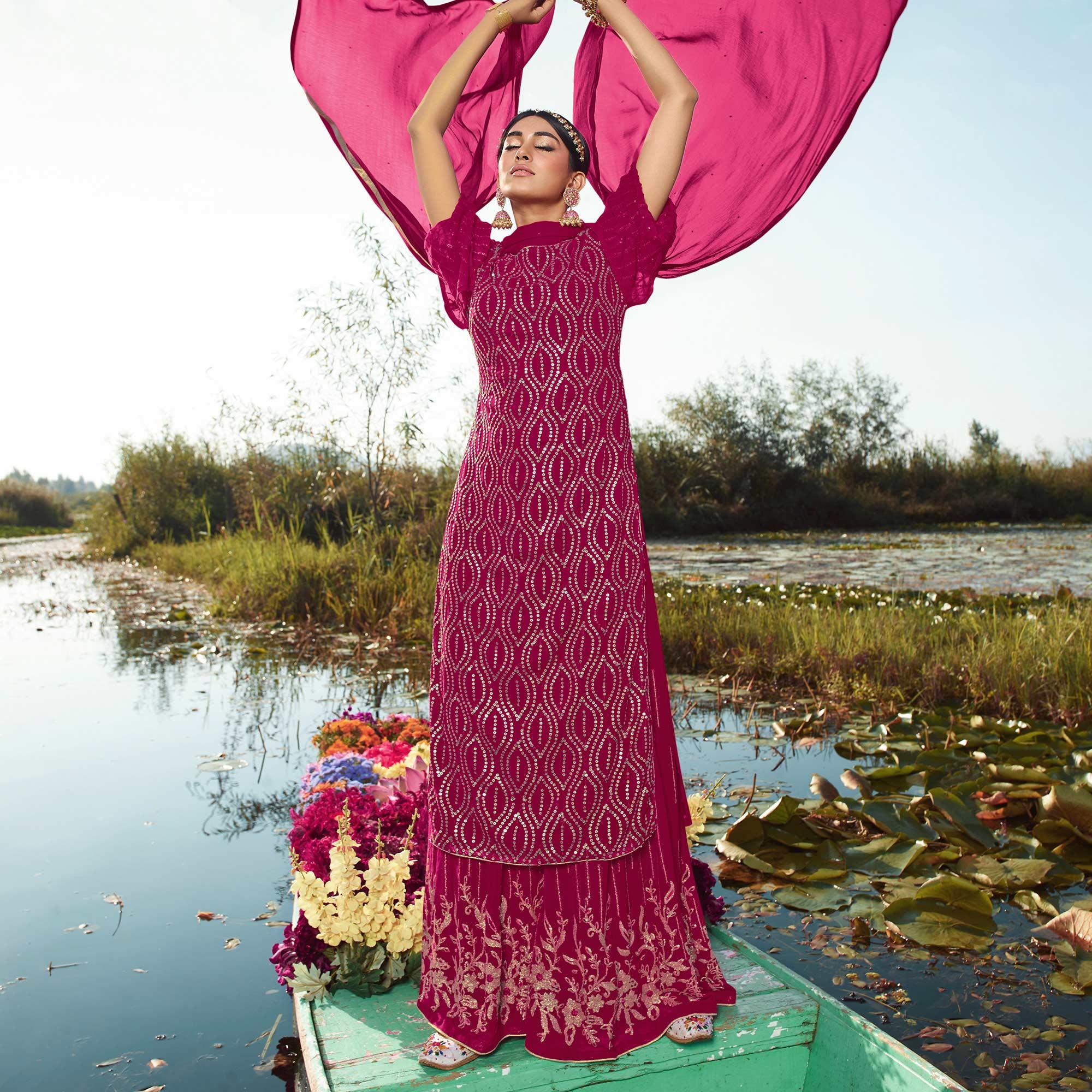 Impressive Rani Pink Colored Embroidered Partywear Heavy Georgette Suit - Peachmode