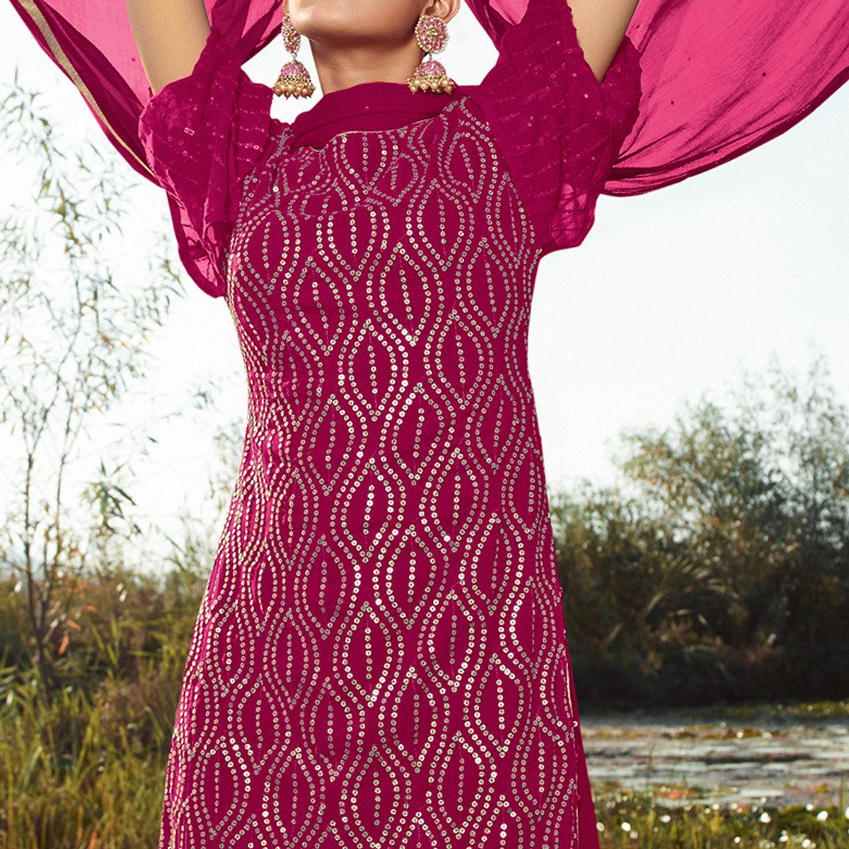 Impressive Rani Pink Colored Embroidered Partywear Heavy Georgette Suit - Peachmode