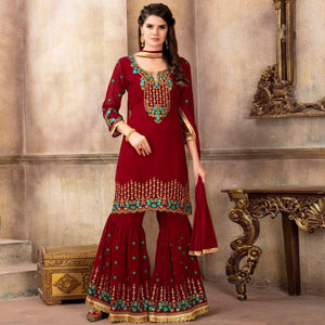 Impressive Red Colored Party Wear Embroidered Faux Georgette Palazzo Suit - Peachmode