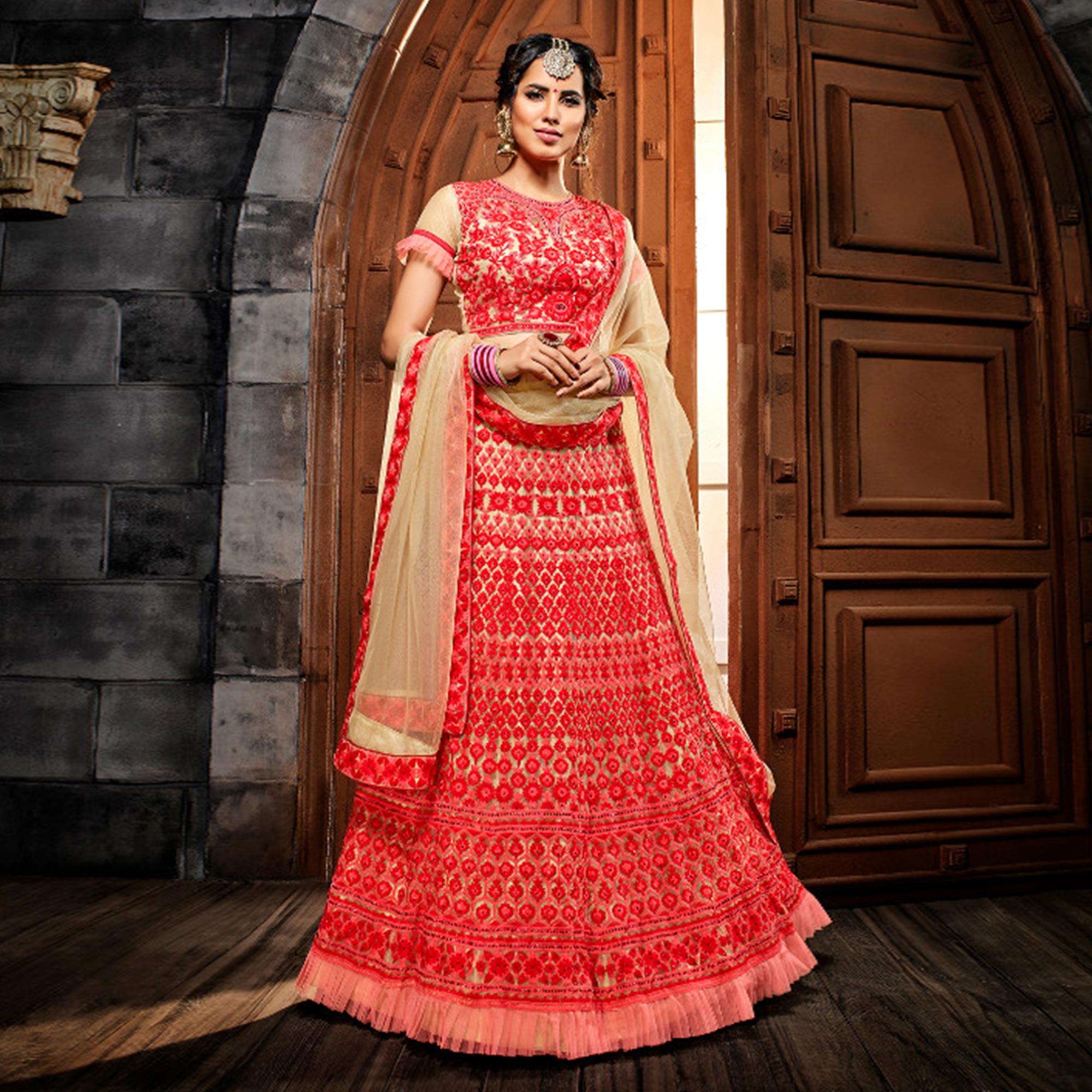Impressive Red Colored Wedding Wear Heavy Embroidered Heavy Net Lehenga - Peachmode