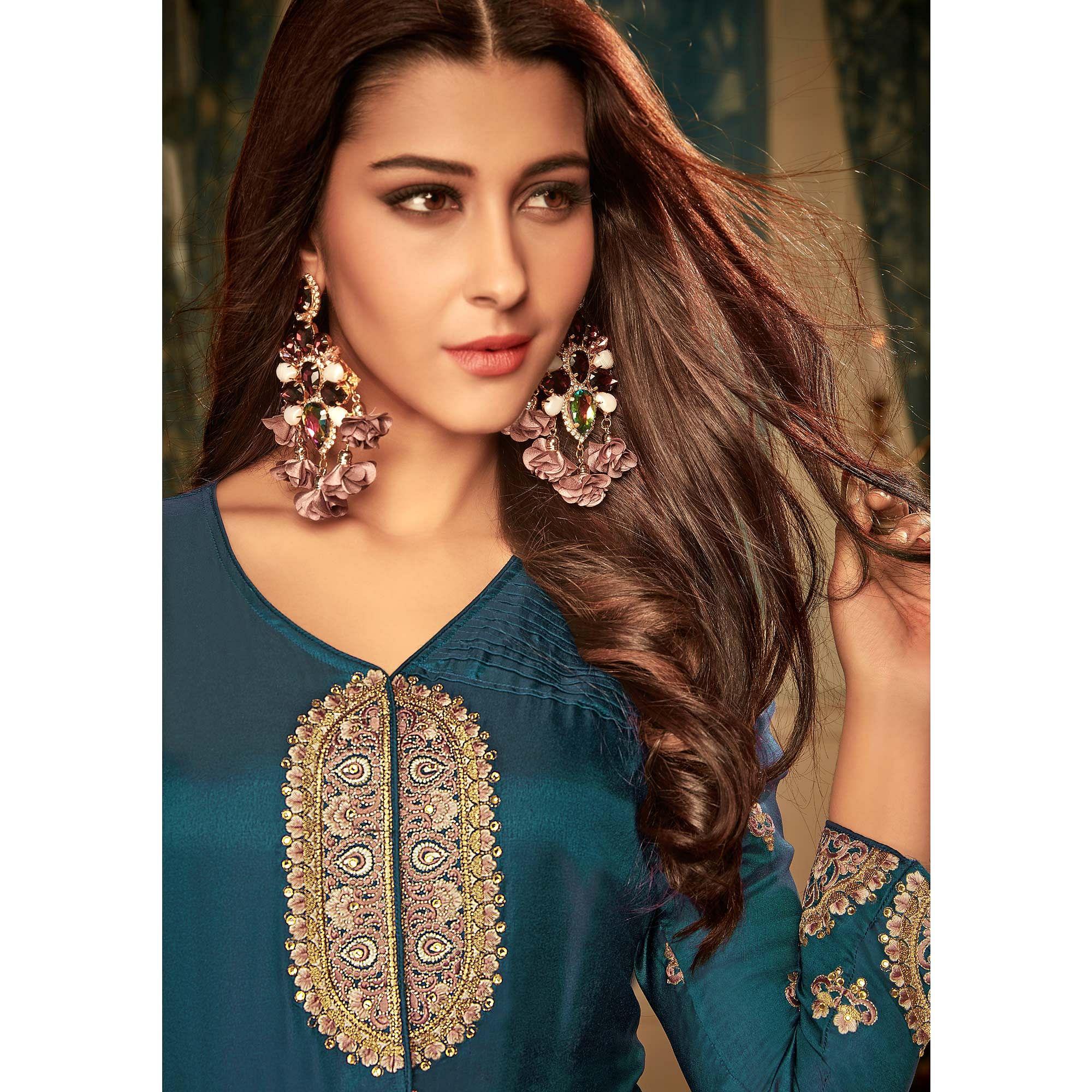 Impressive Teal Blue Colored Partywear Embroidered Heavy Muslin Gown - Peachmode